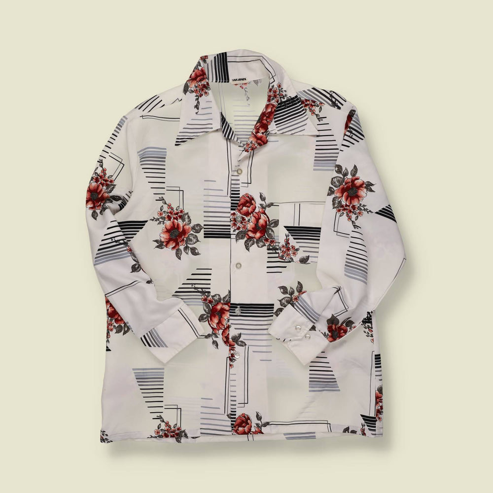 1970s | Stuart Mann | Floral / Geometric Dress Shirt – White/Red/Black - M