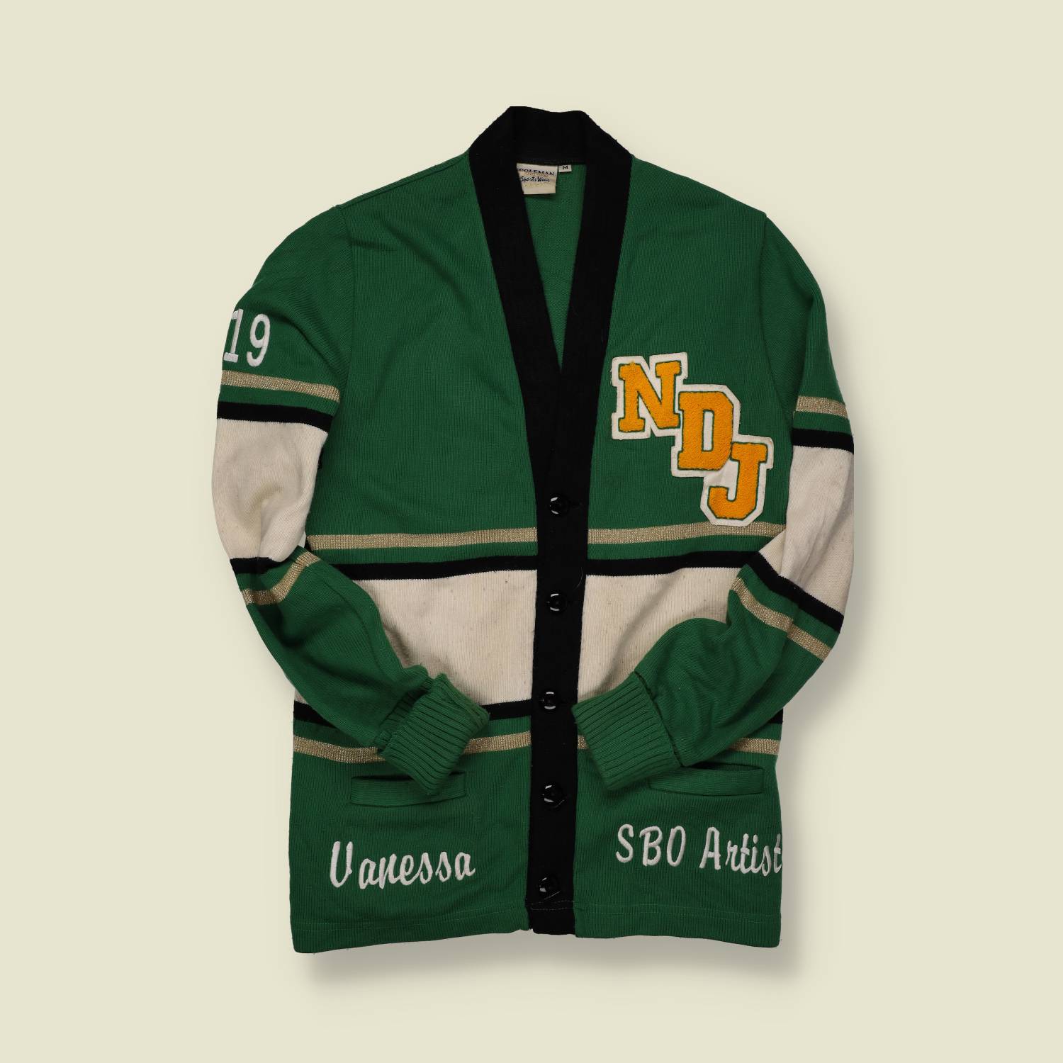 1970s | Coleman Sportswear | Varsity Cardigan – Green/White/Black - S
