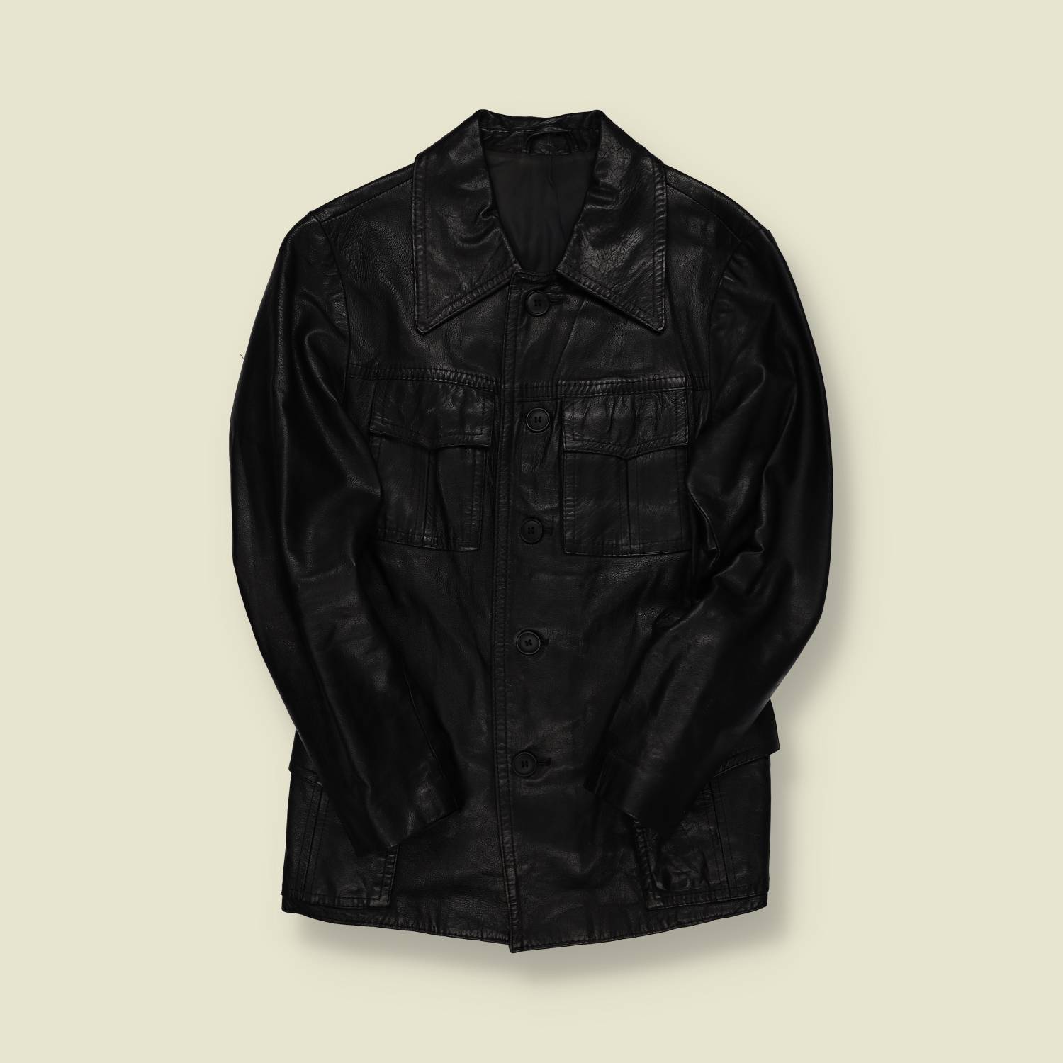 1970s | Unbranded | Black Leather Car Coat – Pleated Pocket - XXS/XS