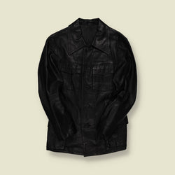 1970s | Unbranded | Black Leather Car Coat – Pleated Pocket - XXS/XS