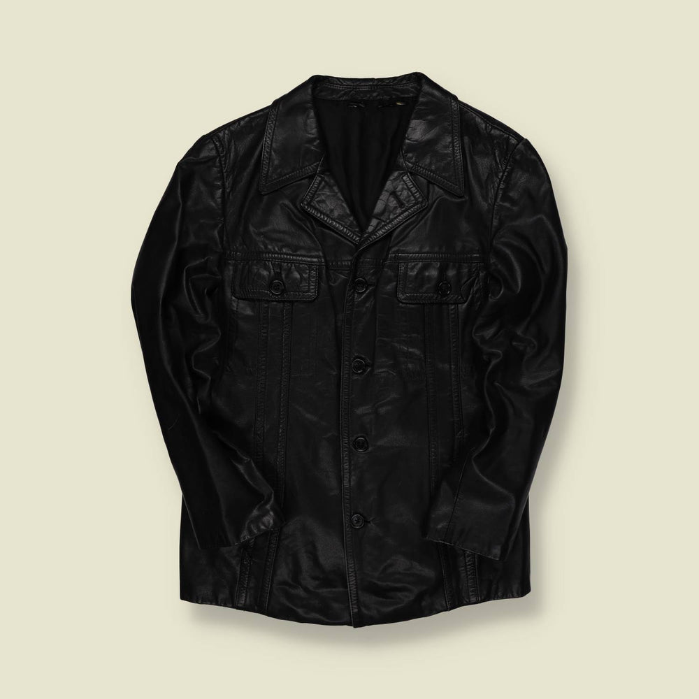 1970s | Unbranded | Black Leather Car Coat – Four-Pocket - S