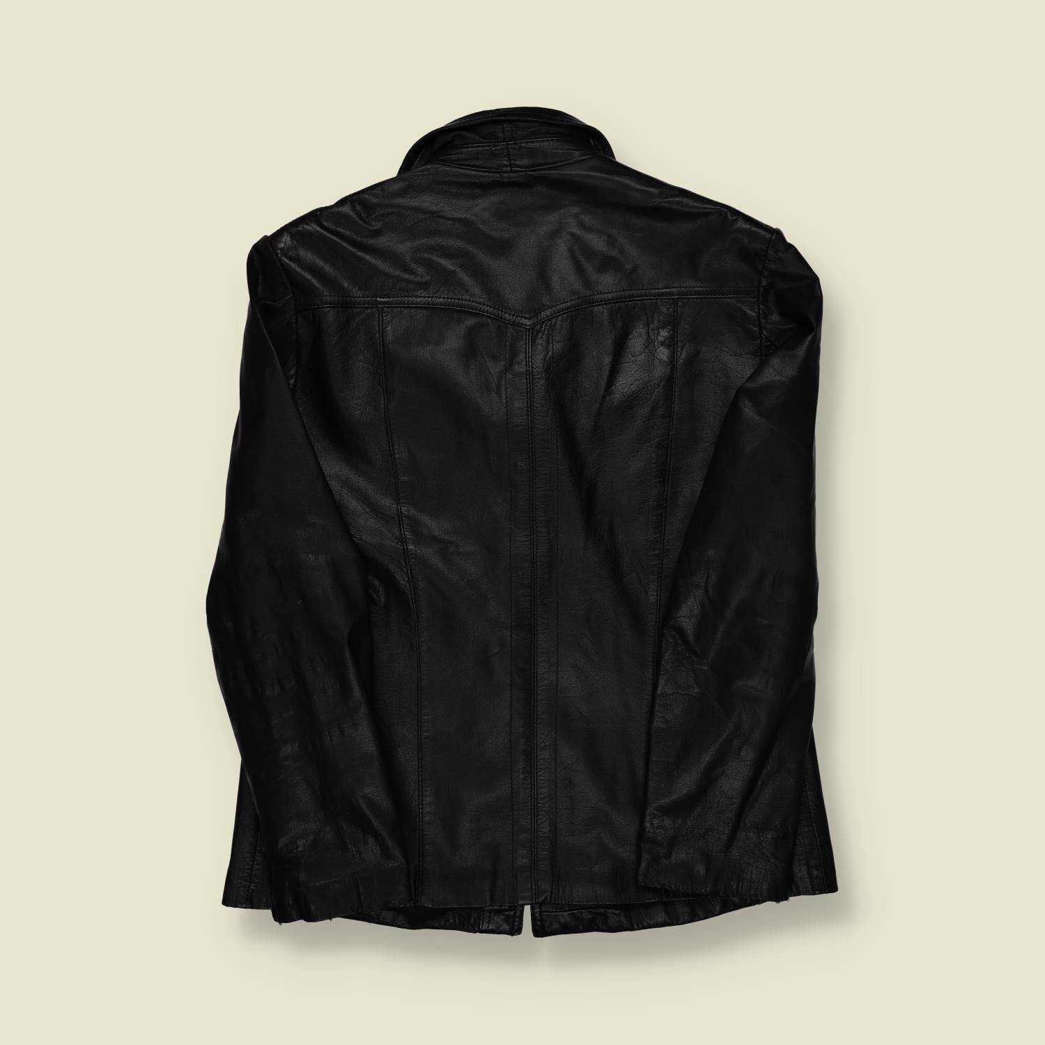 1970s | Unbranded | Black Leather Car Coat – Curved Pocket - S