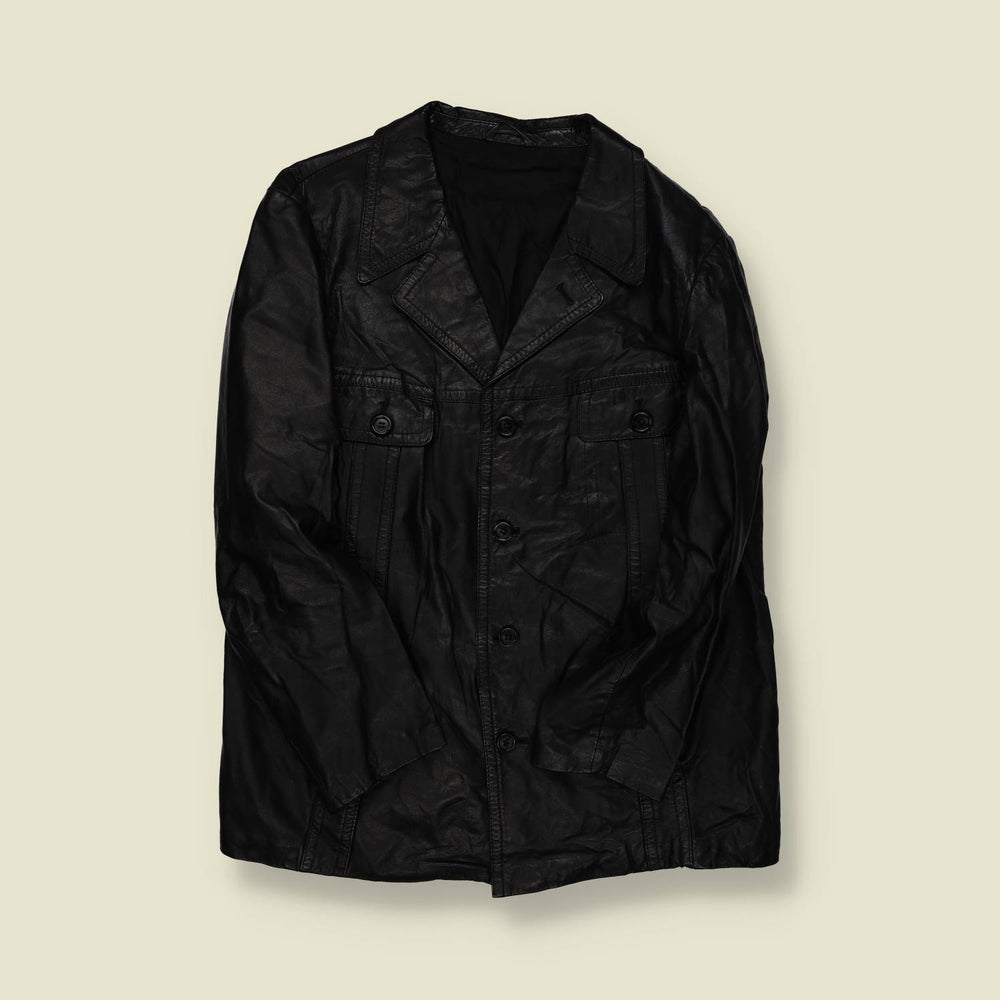 1970s | Unbranded | Black Leather Car Coat – Classic 4-Pocket - S