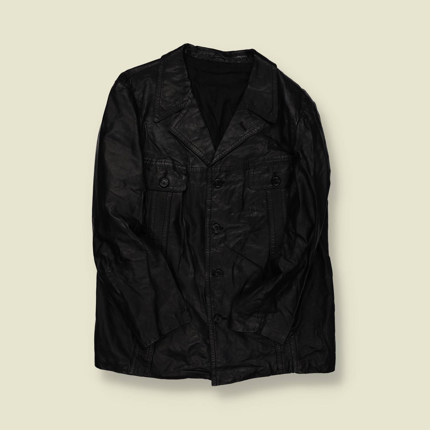 1970s | Unbranded | Black Leather Car Coat – Classic 4-Pocket - S