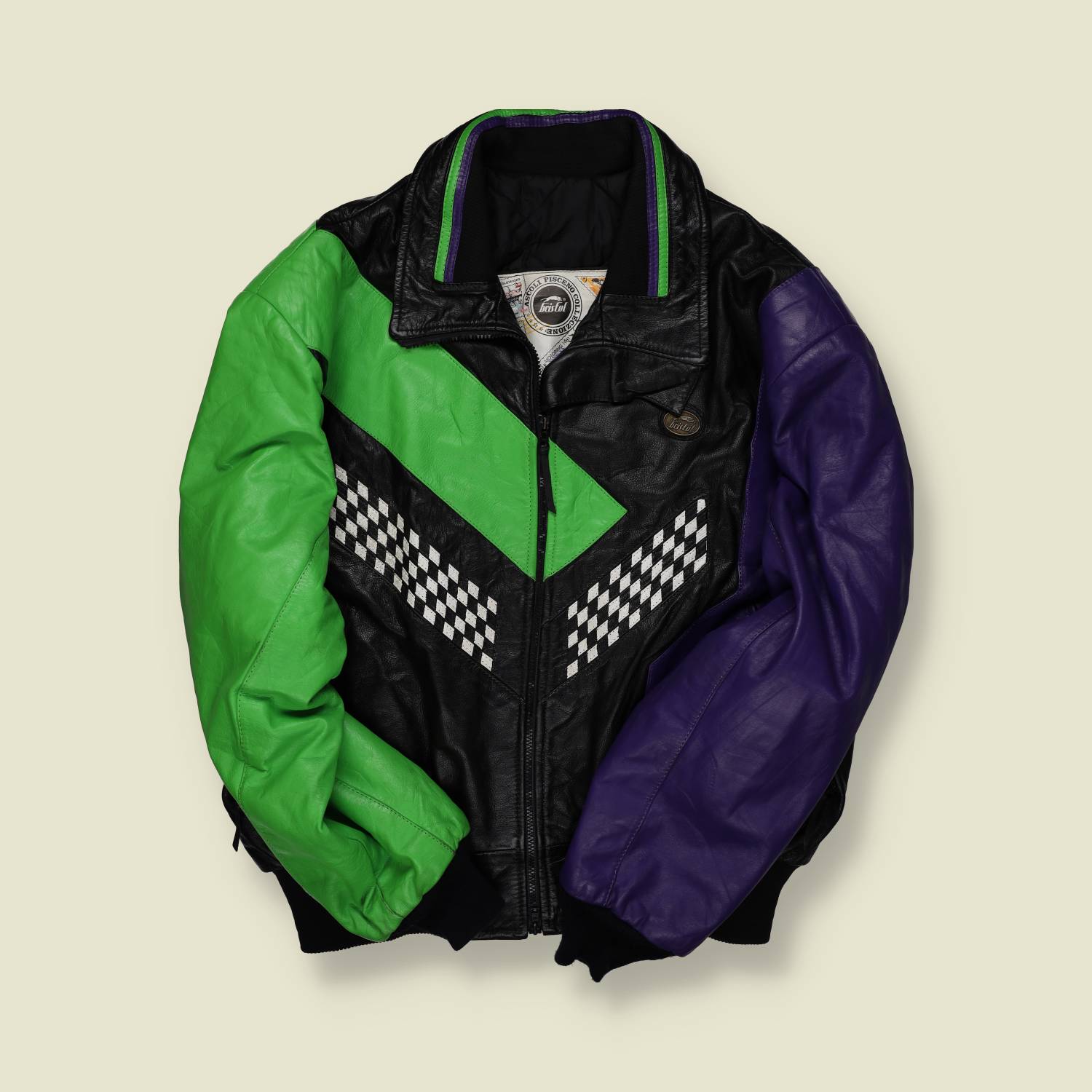 1980s–90s | Bristol Products | Leather Racing Jacket – Black/Green/Purple - L/XL