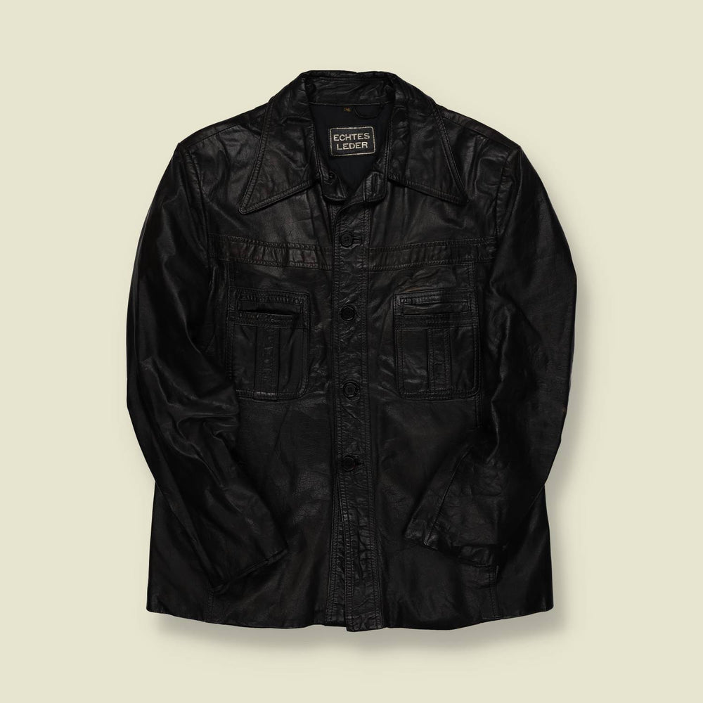 1970s | Echt Leder | Black Leather Car Coat – German - S