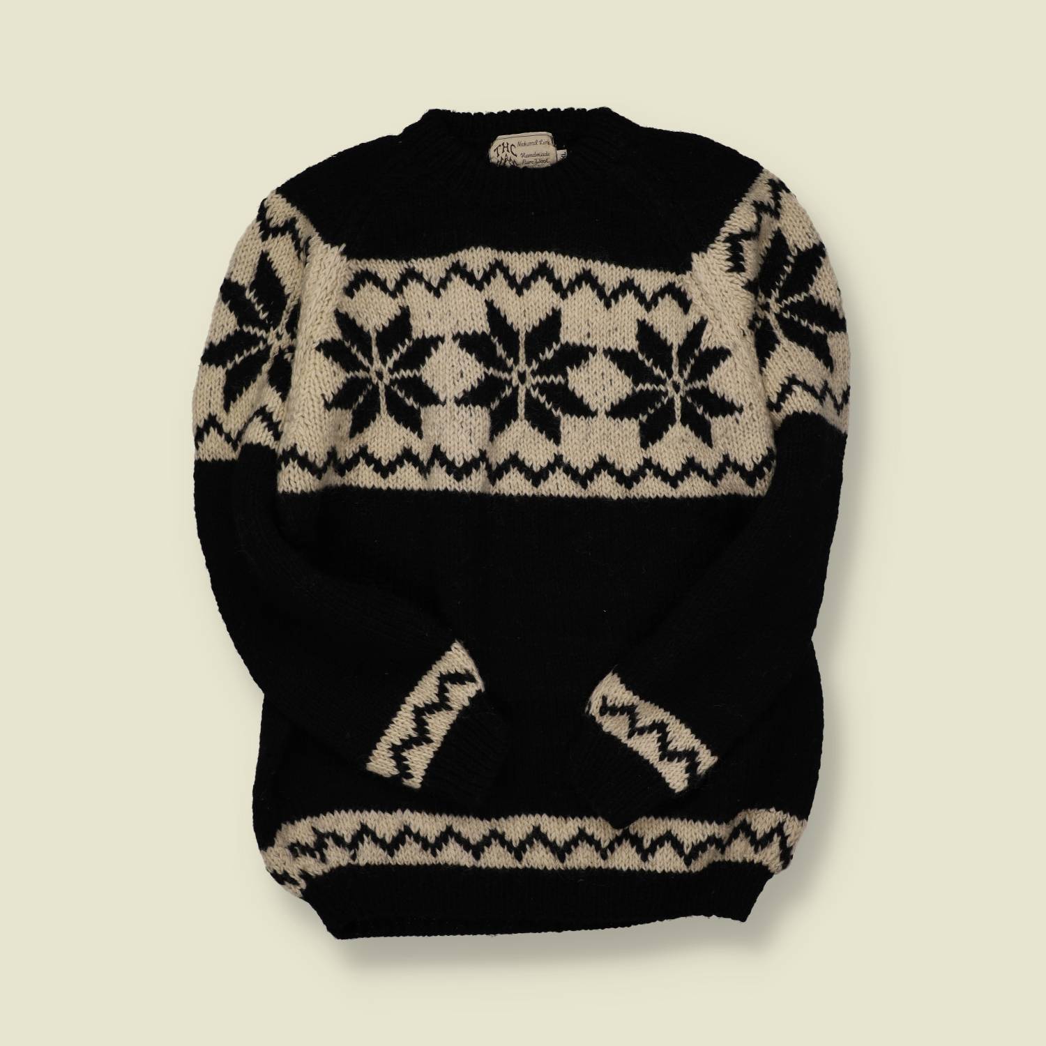 1980s | The Hand Knit | Black & Cream Nordic Sweater – Wool - L
