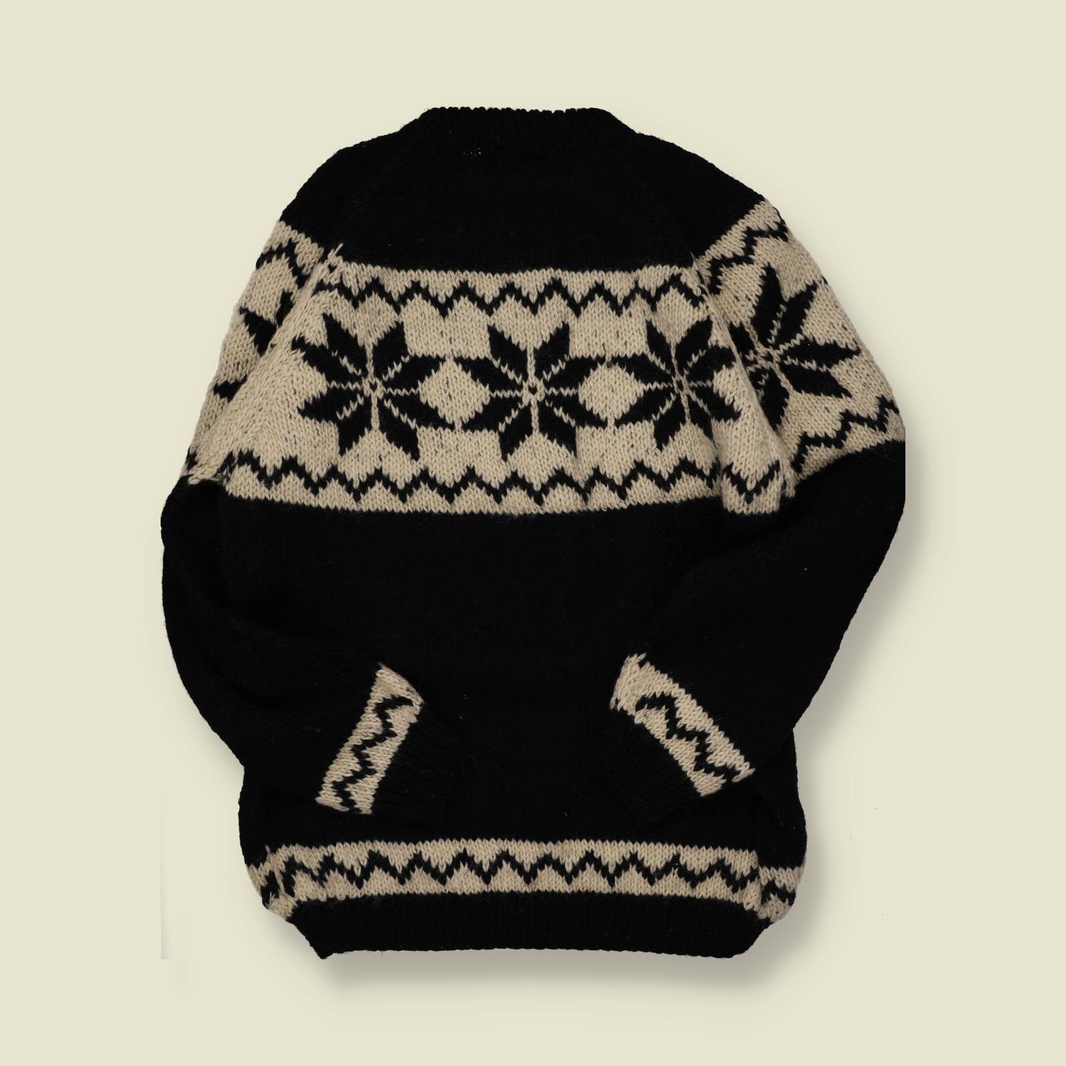 1980s | The Hand Knit | Black & Cream Nordic Sweater – Wool - L