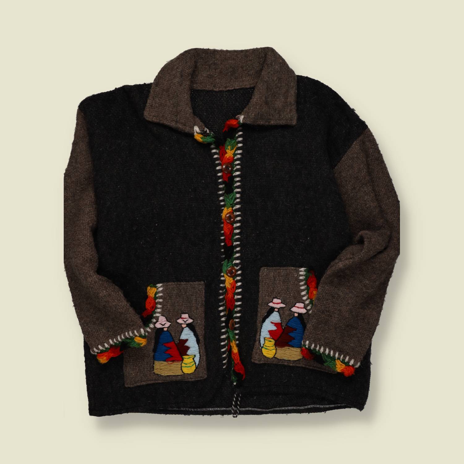 1970s | Hand Knit | Andean Folk Embroidered Wool Cardigan – Brown/Multi - M/L