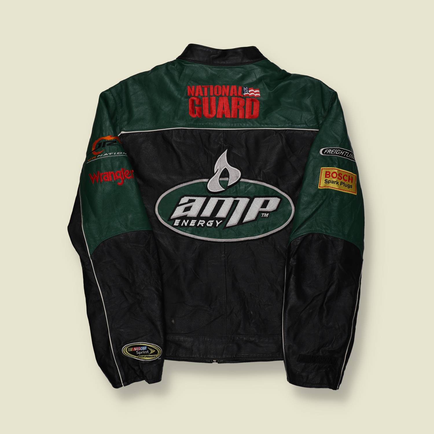 2000s | Dale Earnhardt Jr. | AMP Energy / National Guard NASCAR Leather Jacket – Black/Green -