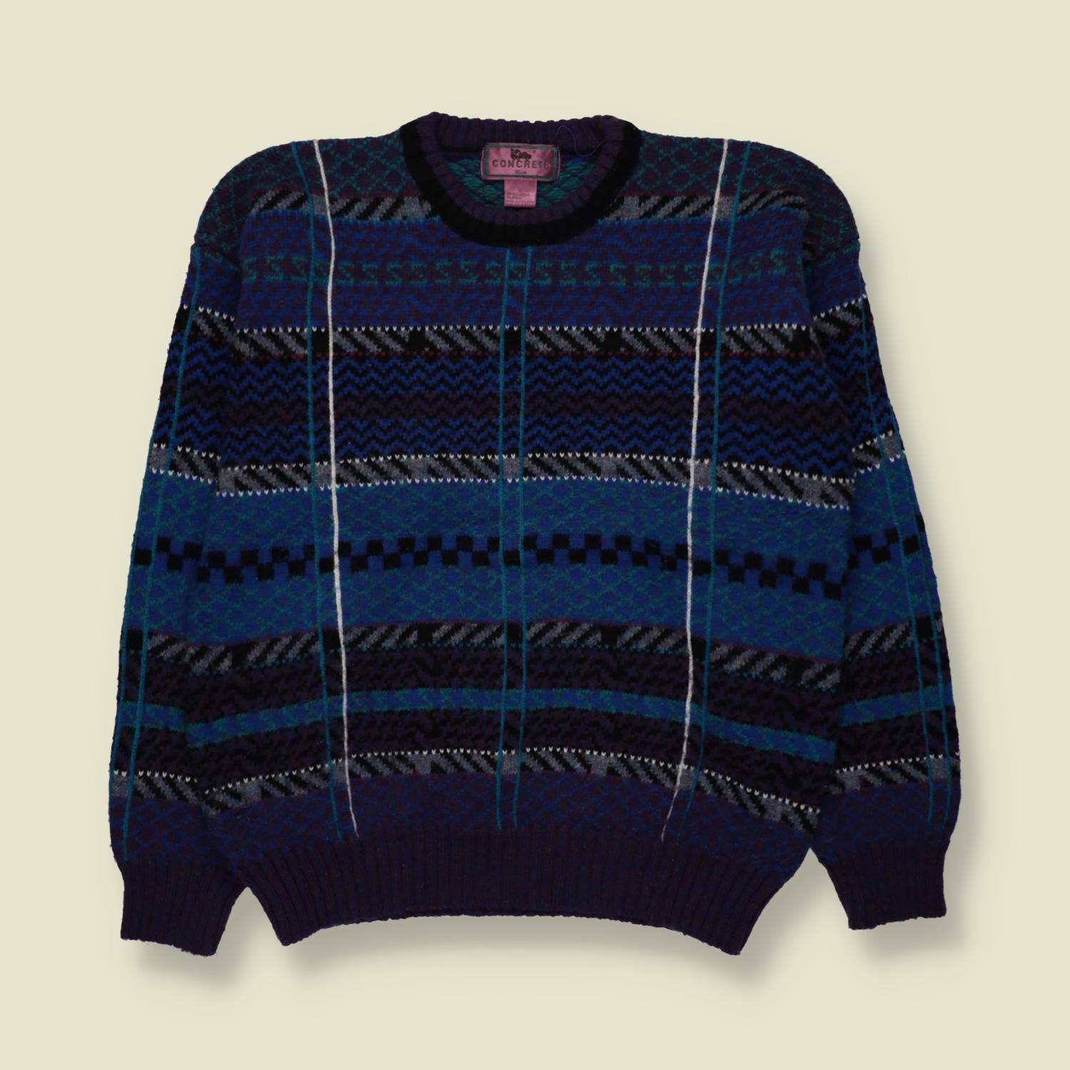 1980s | Concrete | Patterned Crew Neck Jumper | Navy Multi - M