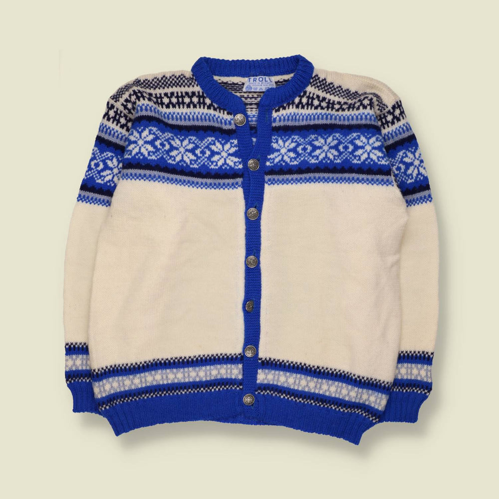 1960s/70s | Troll | Norwegian Wool Cardigan | Cream & Blue - L