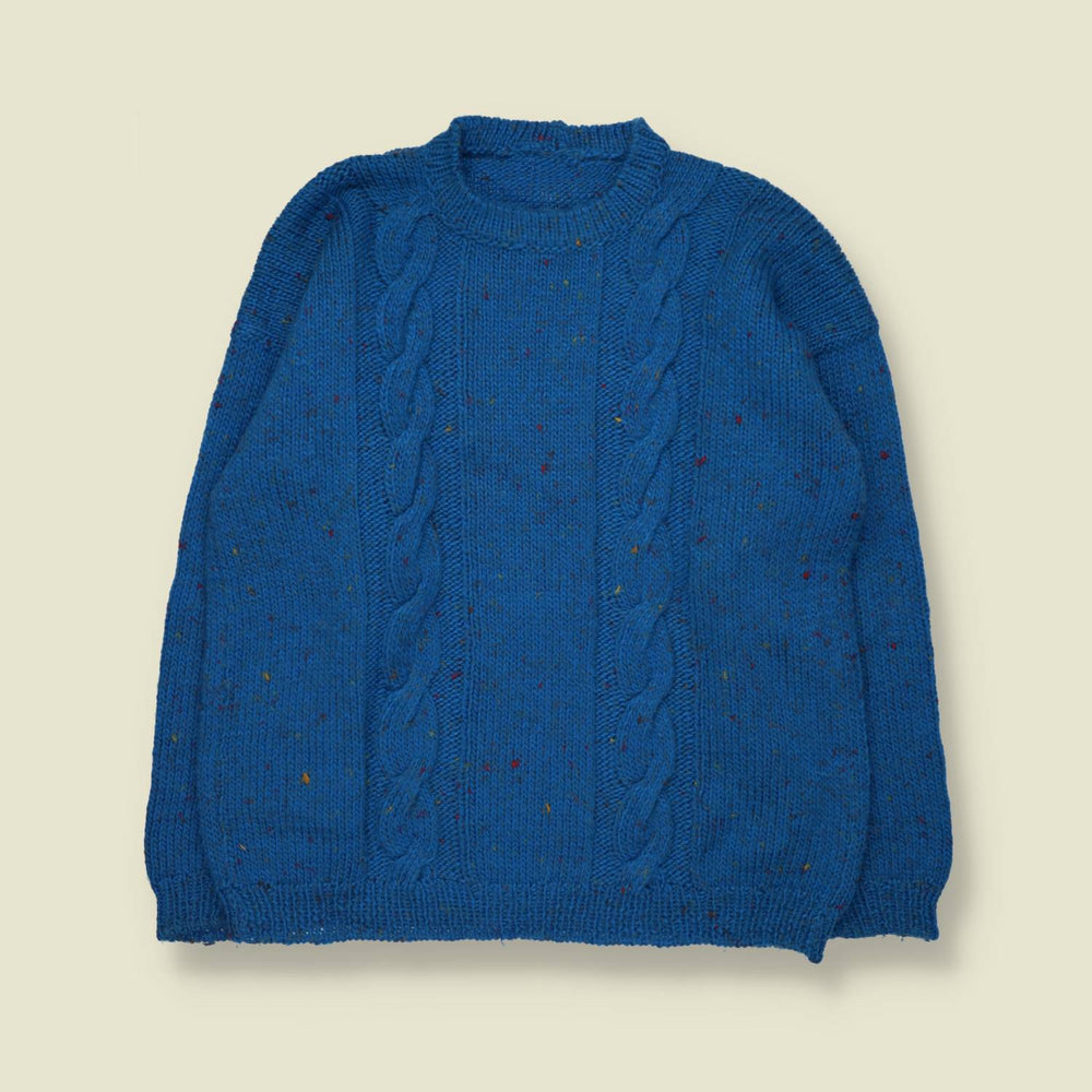 1970s | Handknit Fleck Wool Cable Jumper | Cobalt Blue - L