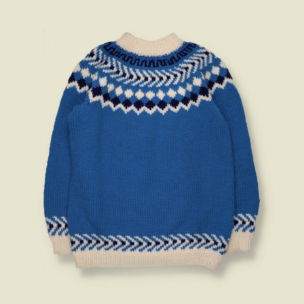 1970s | Handknit Wool Nordic Yoke Jumper | Blue & Cream - S