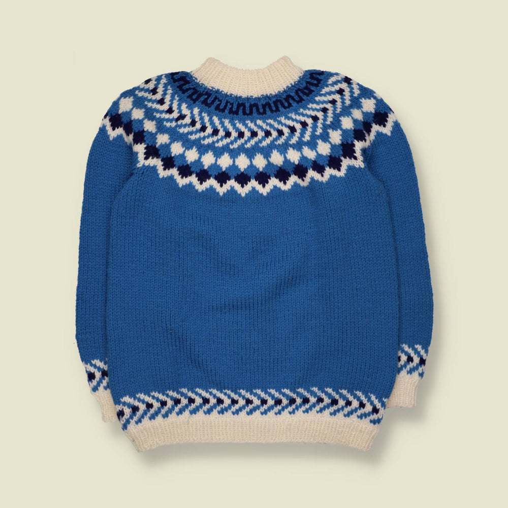 1970s | Handknit Wool Nordic Yoke Jumper | Blue & Cream - S