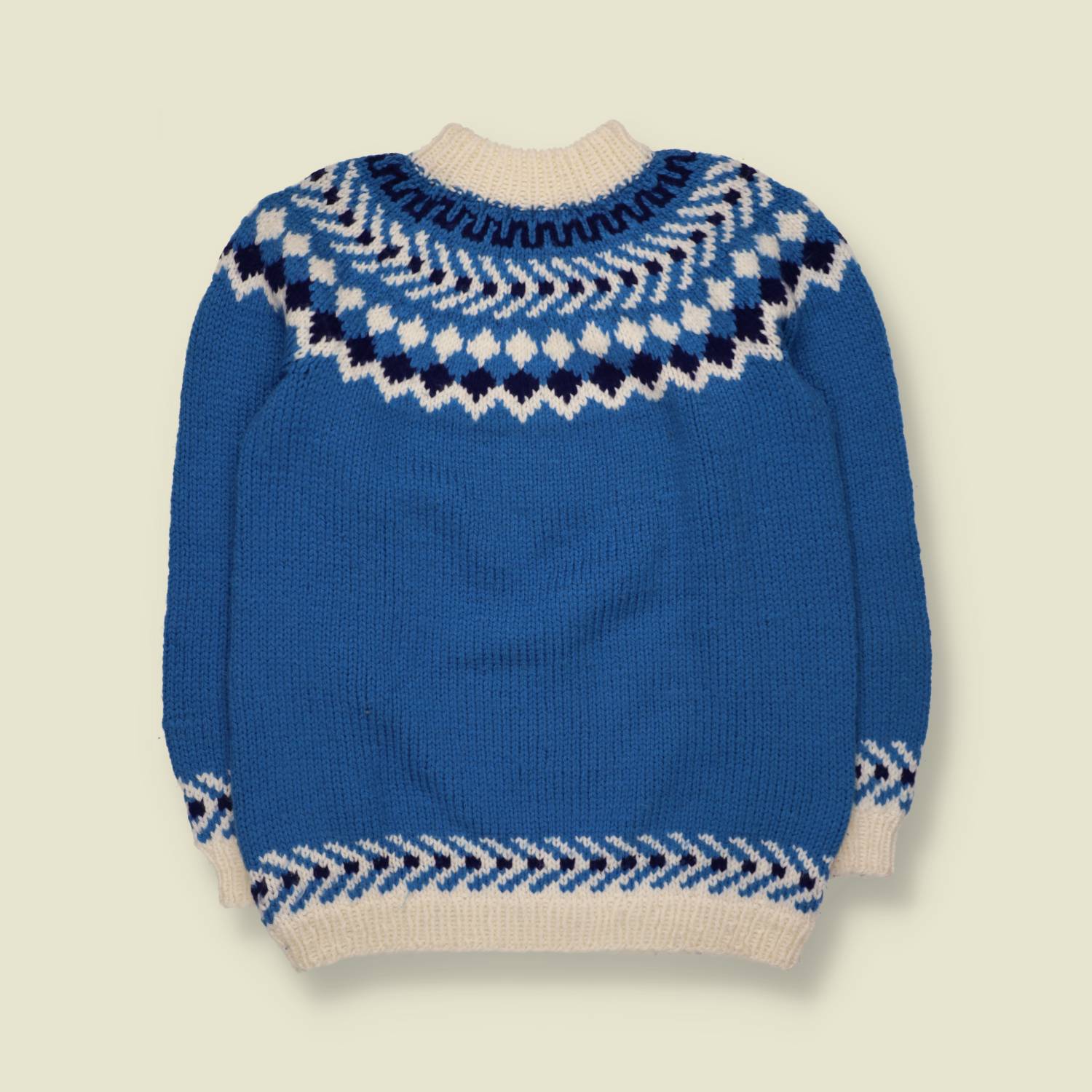 1970s | Handknit Wool Nordic Yoke Jumper | Blue & Cream - S