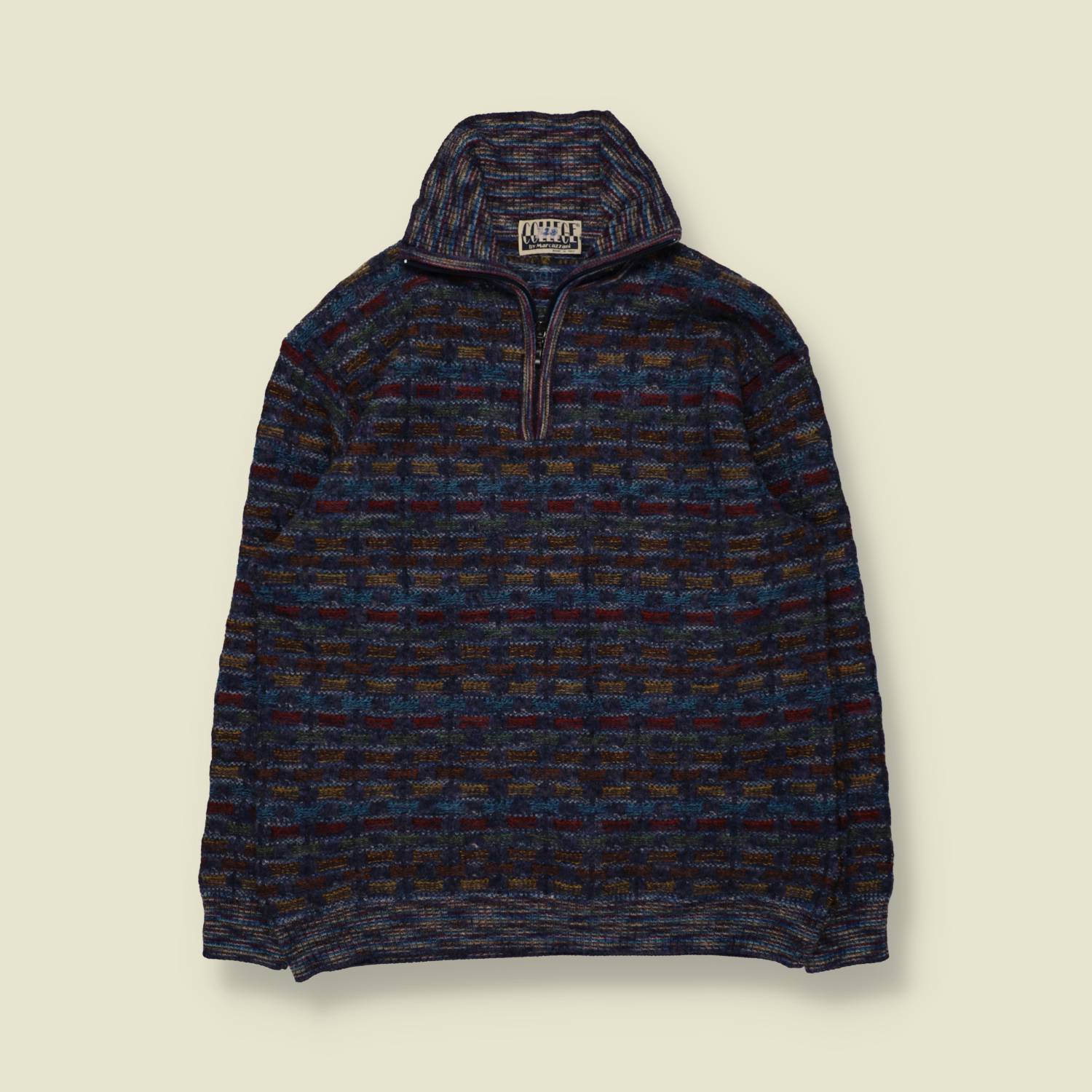 1980s | College by Marlazzoni | Wool Acrylic Quarter Zip Jumper | Blue Multi - M