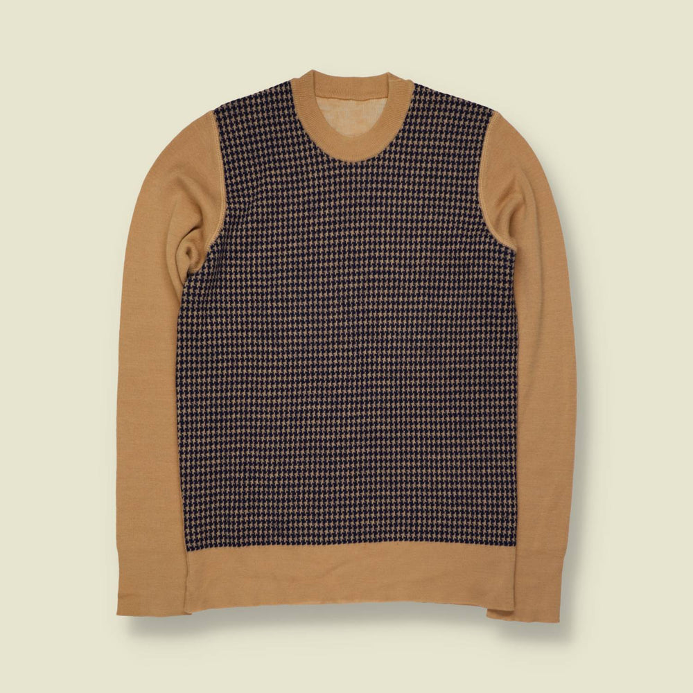 1970s | Wool Blend Houndstooth Panel Jumper | Camel & Navy - XXS
