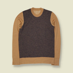 1970s | Wool Blend Houndstooth Panel Jumper | Camel & Navy - XXS