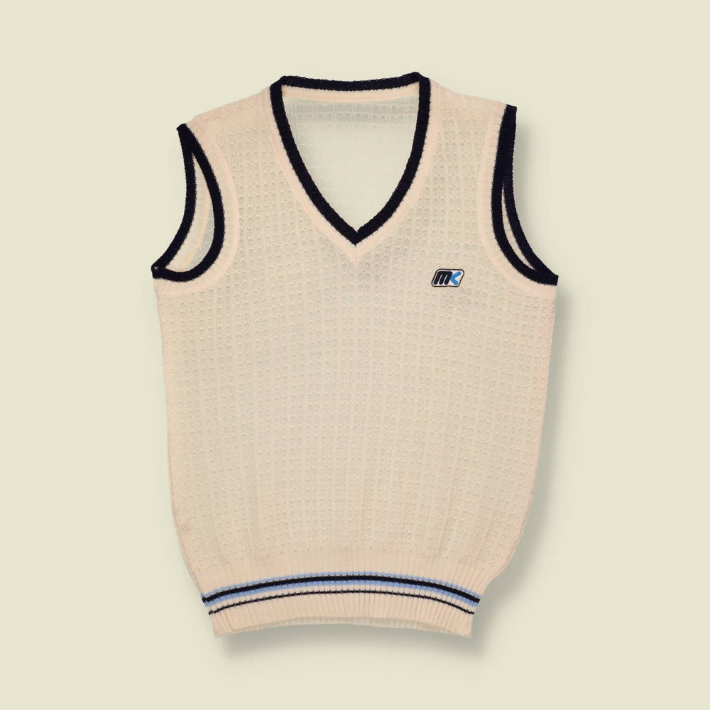 1970s | MK | Wool Blend Cricket Style Tank Top | Cream & Navy - XXS
