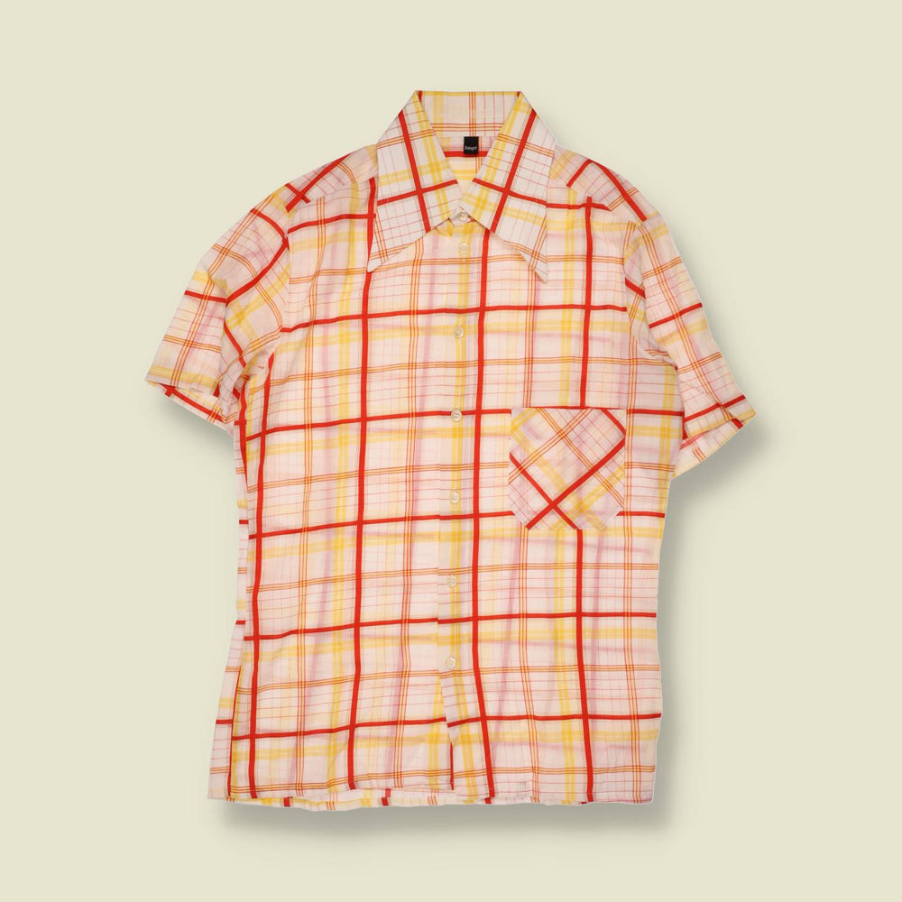 1970s | Cotton Blend Check Short Sleeve Shirt | Cream, Red & Yellow - S