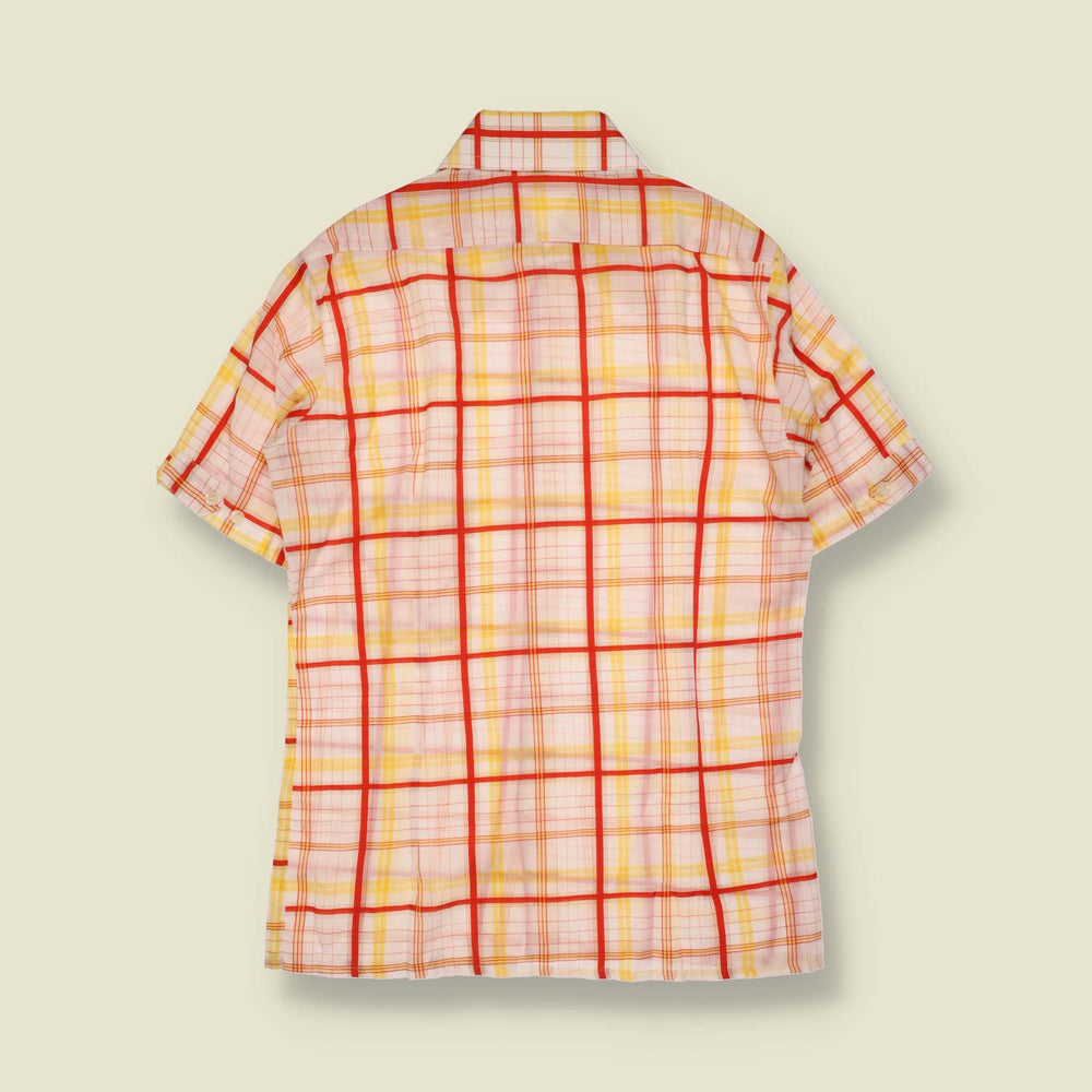 1970s | Cotton Blend Check Short Sleeve Shirt | Cream, Red & Yellow - S