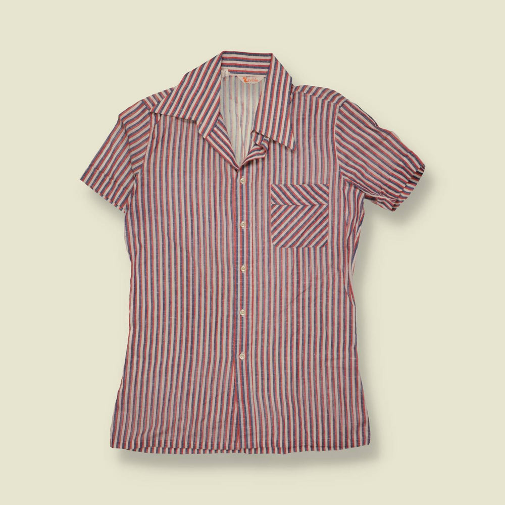 1970s | Trebis | Cotton Blend Striped Short Sleeve Shirt | Red, Navy & Cream - S