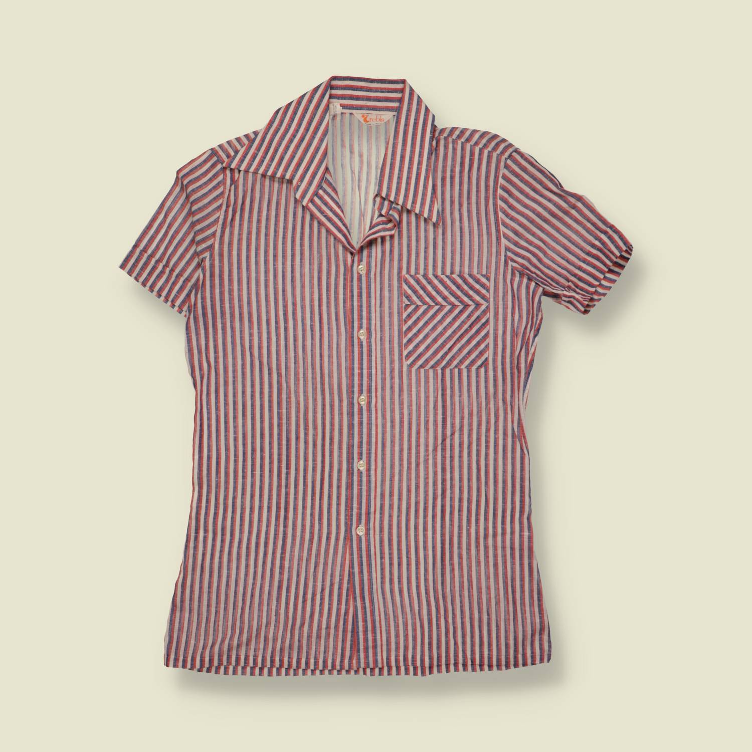 1970s | Trebis | Cotton Blend Striped Short Sleeve Shirt | Red, Navy & Cream - S