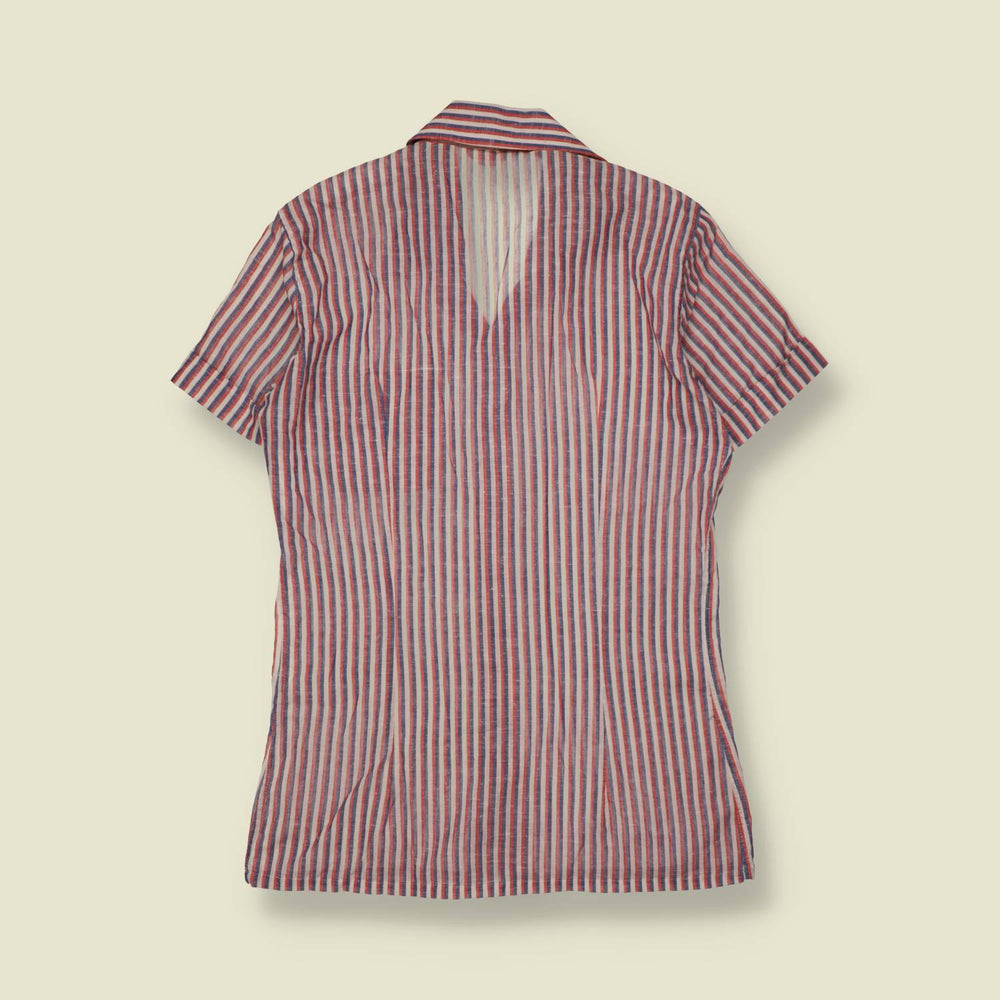 1970s | Trebis | Cotton Blend Striped Short Sleeve Shirt | Red, Navy & Cream - S