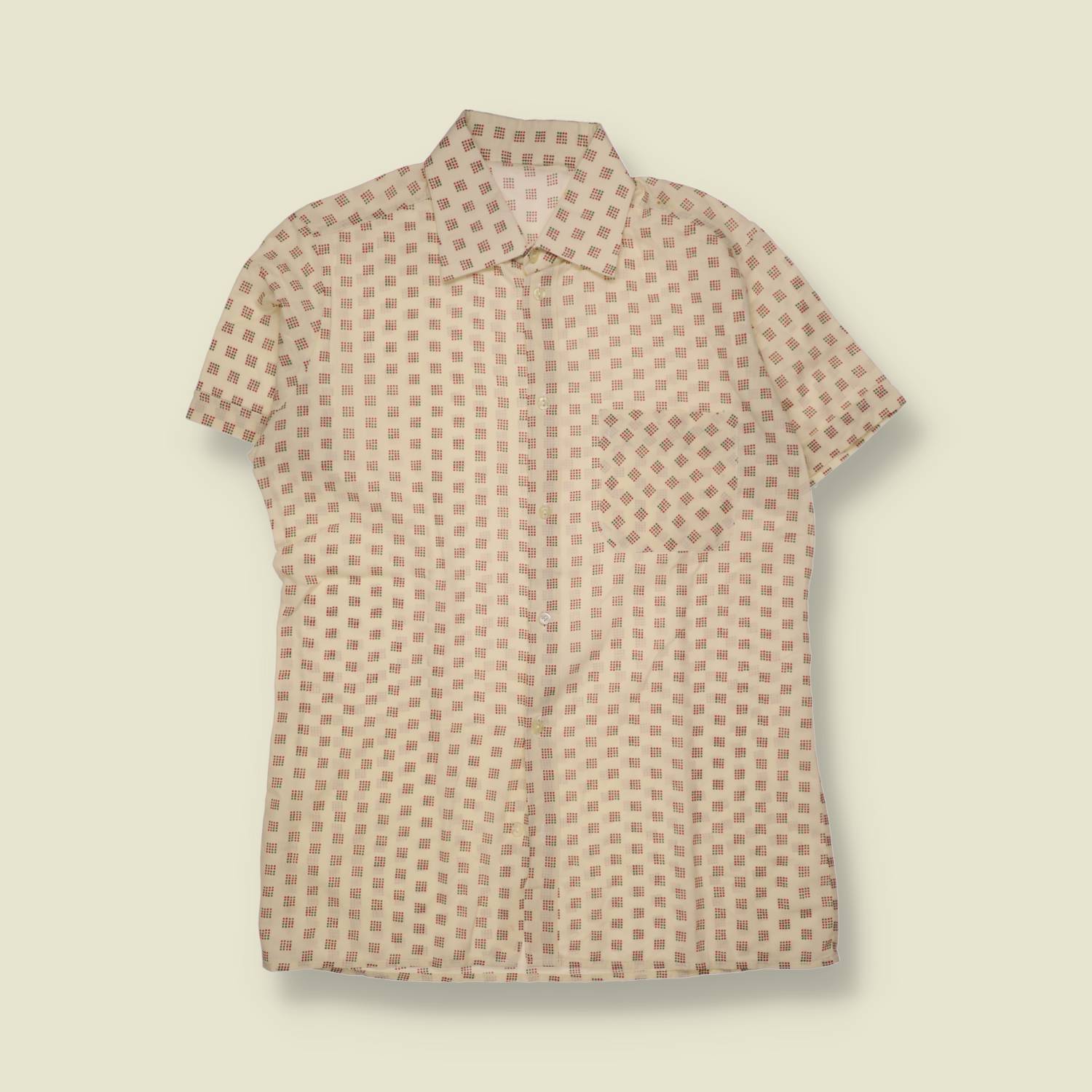 1970s | Cotton Blend Dot Grid Short Sleeve Shirt | Cream Multi - M