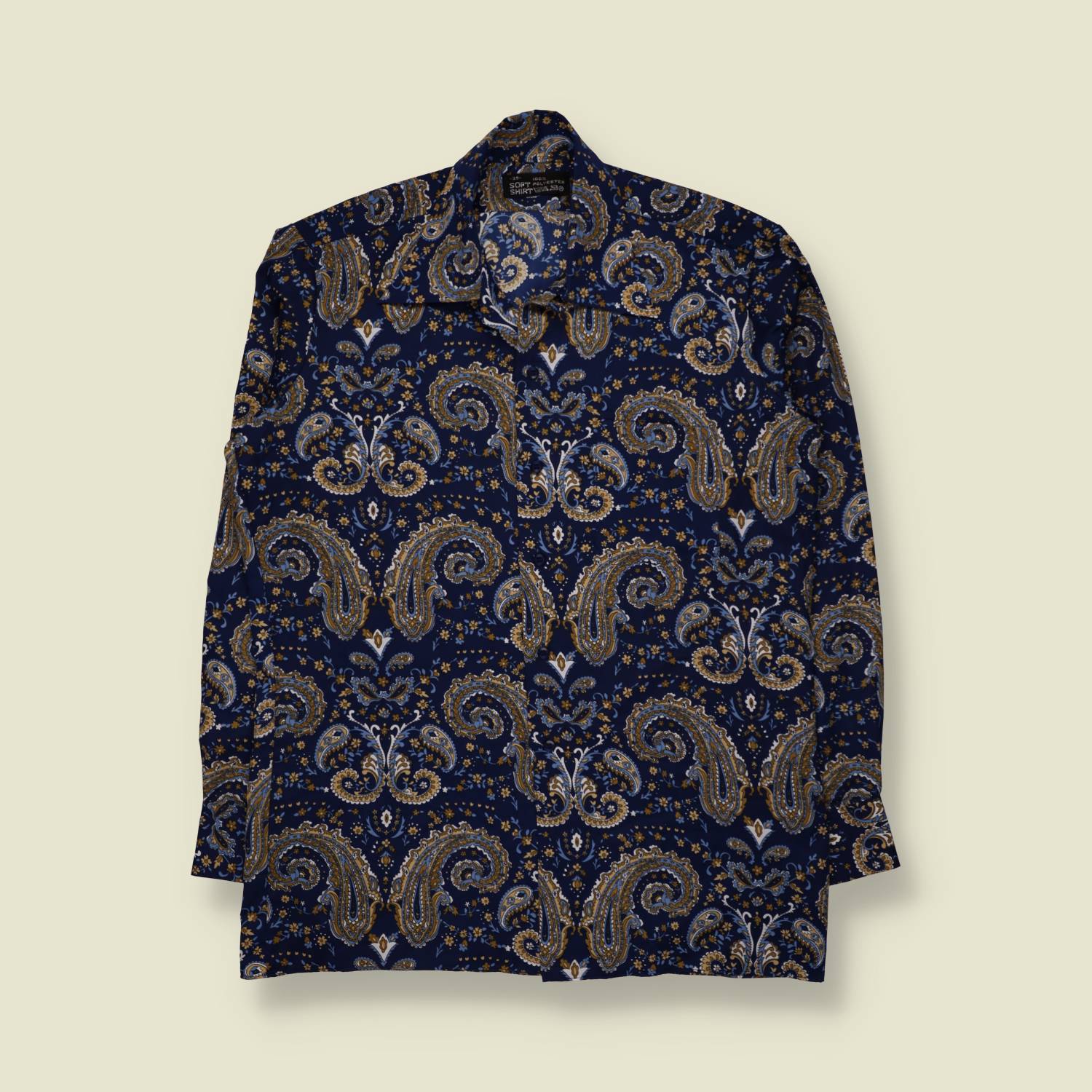 1970s | Soft Polyester Paisley Print Long Sleeve Shirt | Navy Multi - L