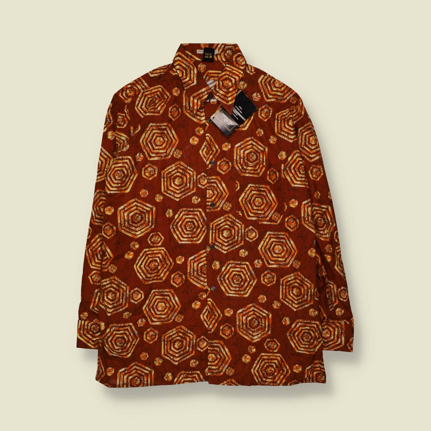 1970s | Cotton Hexagon Print Long Sleeve Shirt | Rust & Gold - L