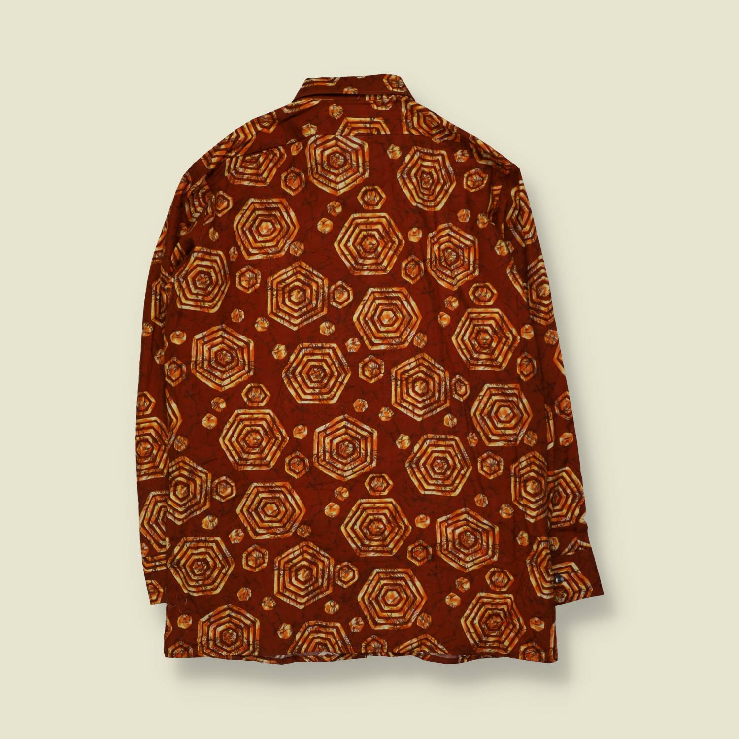 1970s | Cotton Hexagon Print Long Sleeve Shirt | Rust & Gold - L