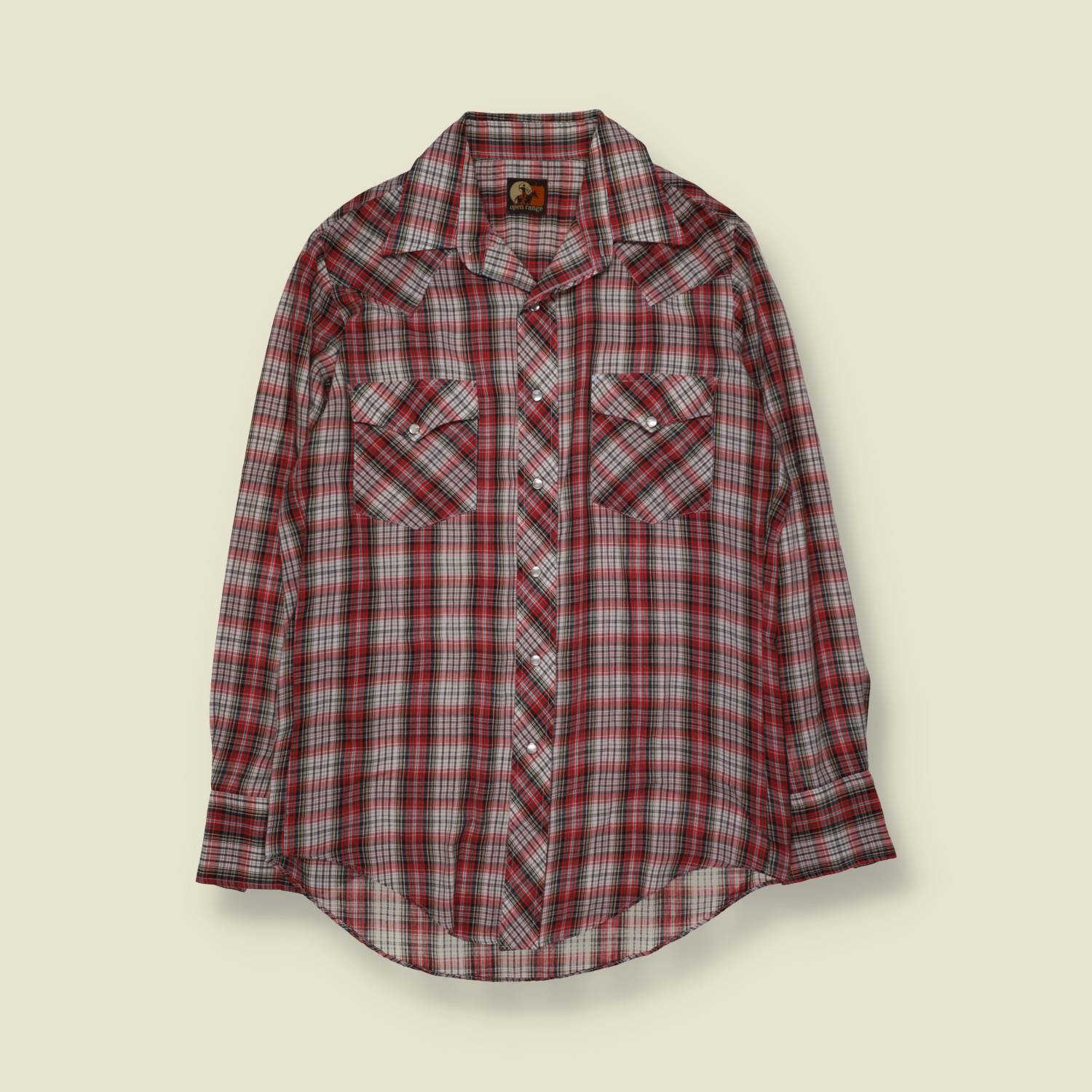 1970s | Open Range | Cotton Blend Check Western Shirt | Red & White - M
