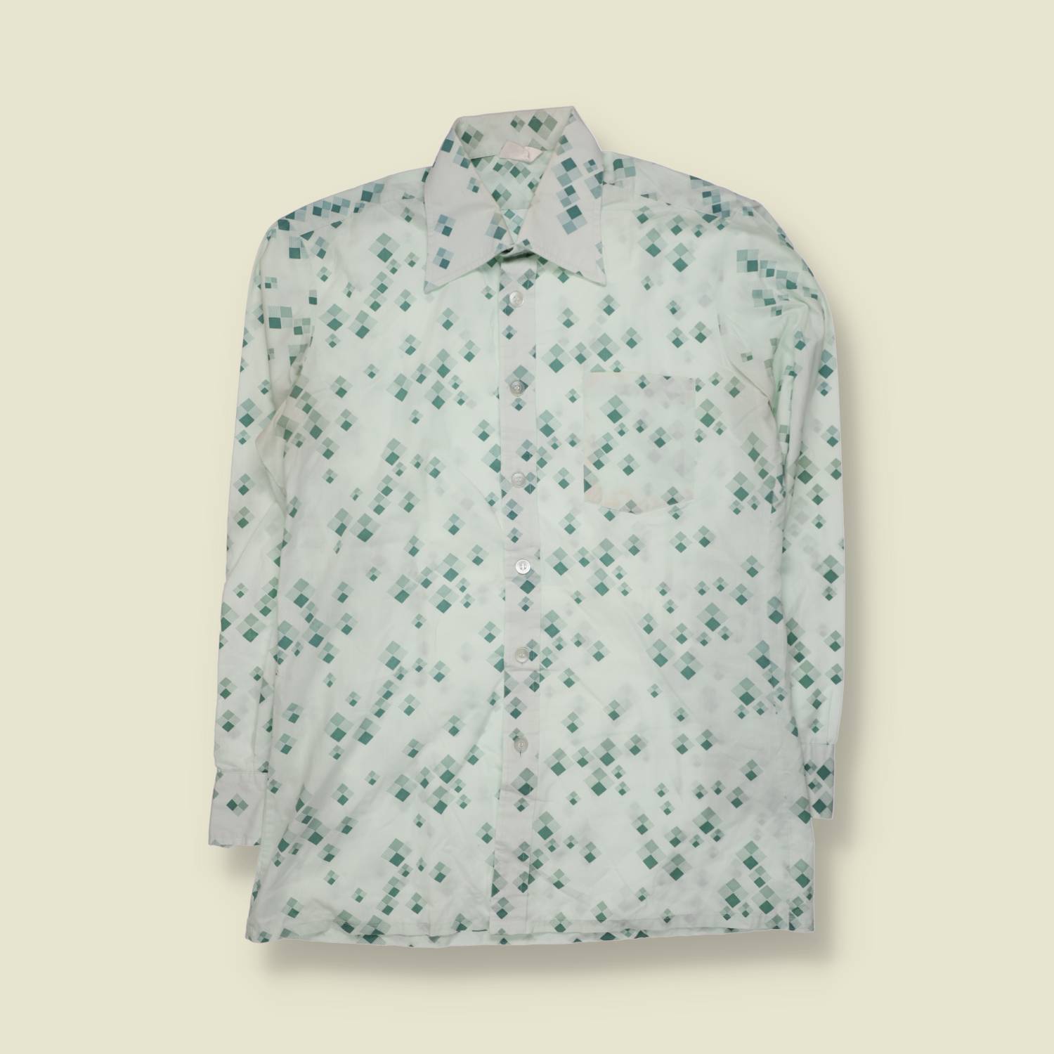 1970s | Cotton Blend Diamond Print Long Sleeve Shirt | White & Green - S