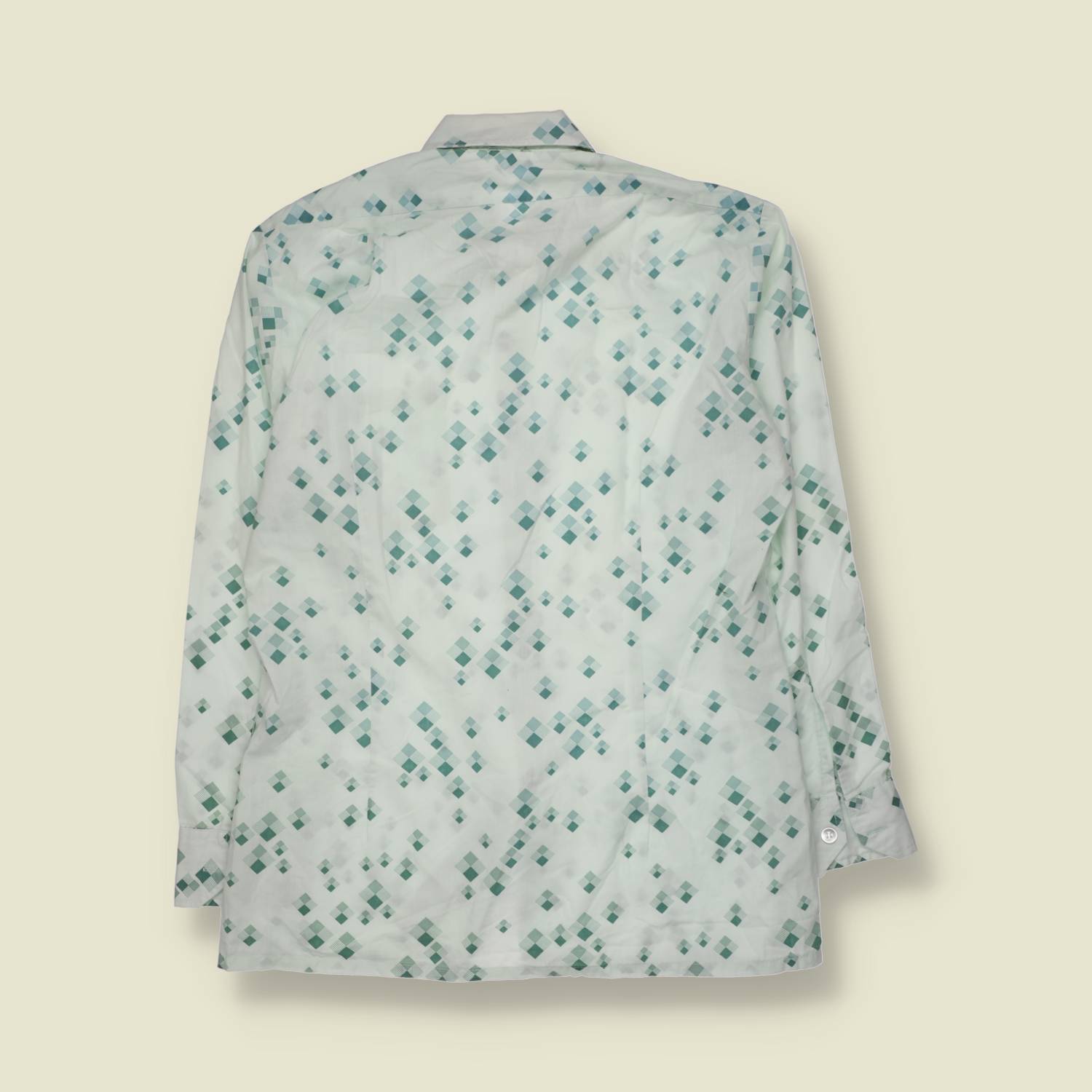 1970s | Cotton Blend Diamond Print Long Sleeve Shirt | White & Green - S