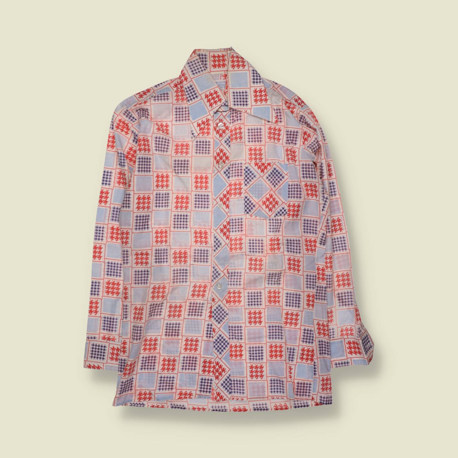 1970s | Poly Cotton Patchwork Print Long Sleeve Shirt | Red & Blue - L