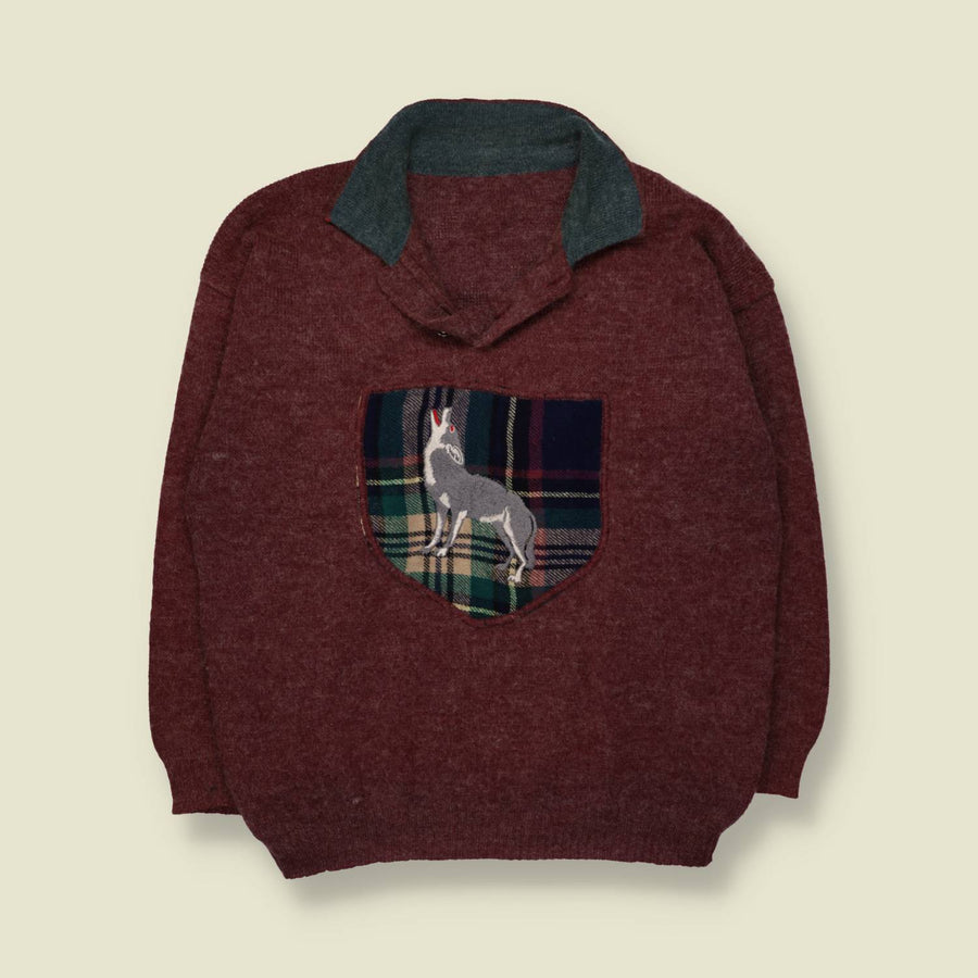 1980s | Novelty Howling Wolf Jumper | Burgundy - XL