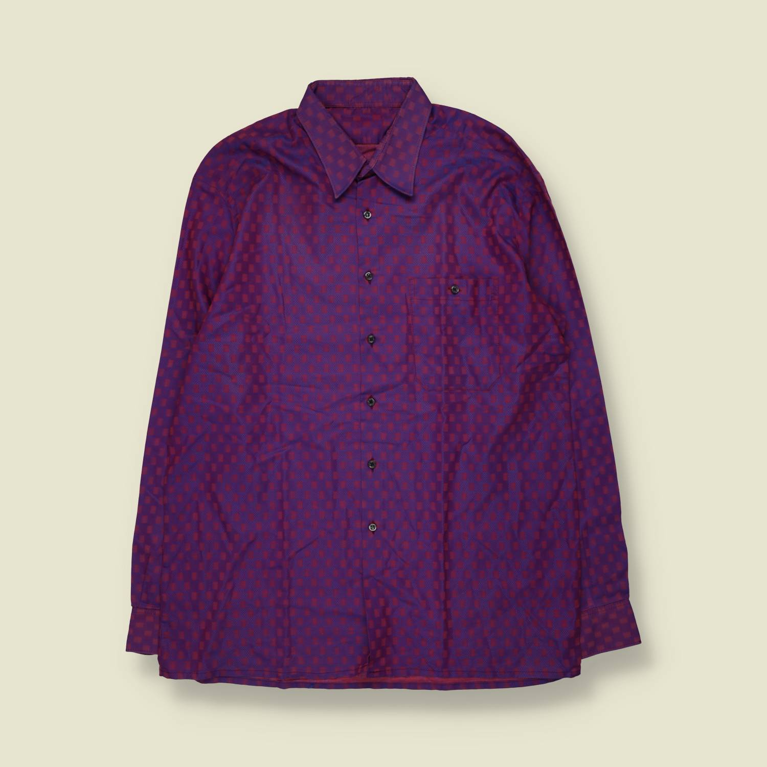 1970s | Poly Cotton Textured Check Long Sleeve Shirt | Purple - XL