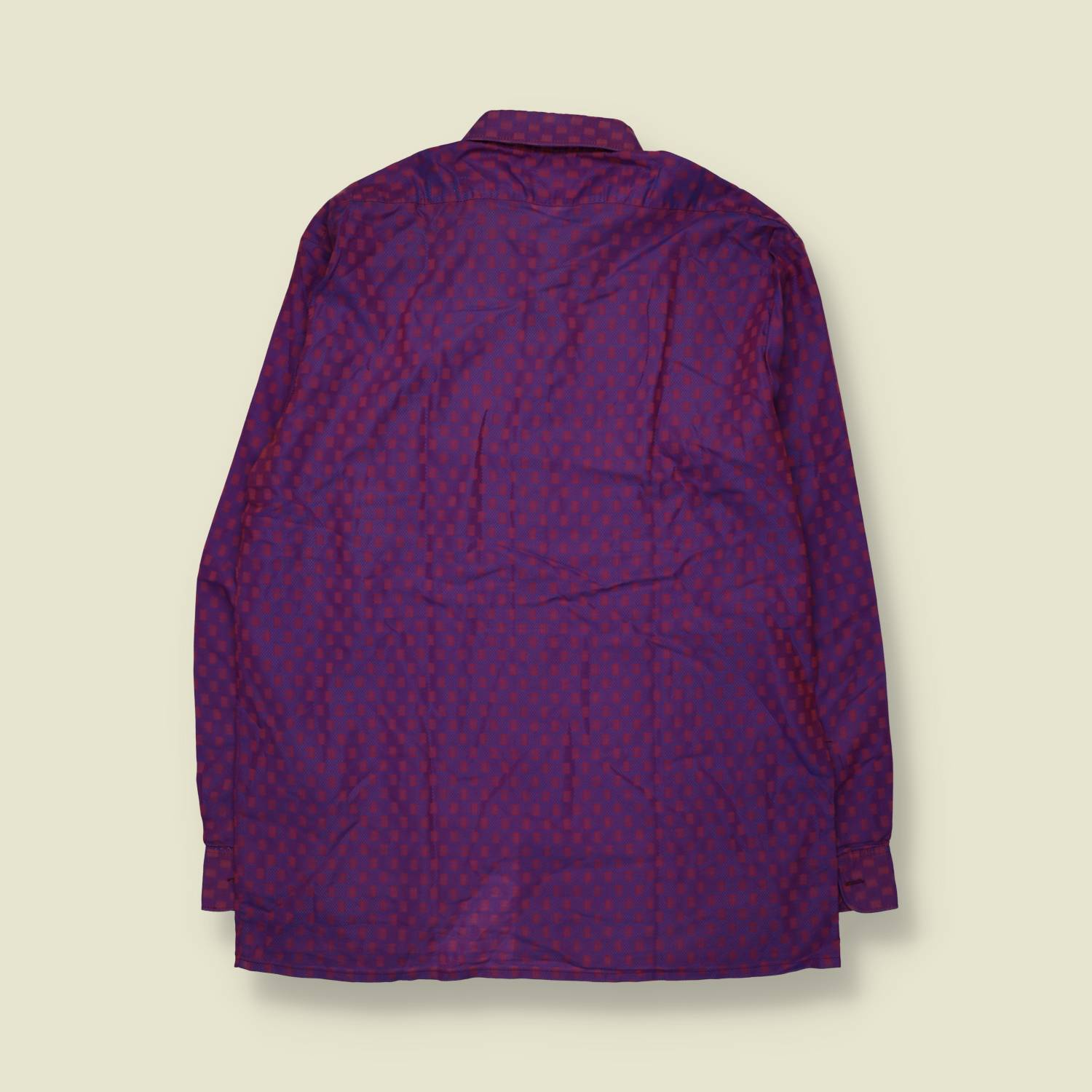 1970s | Poly Cotton Textured Check Long Sleeve Shirt | Purple - XL