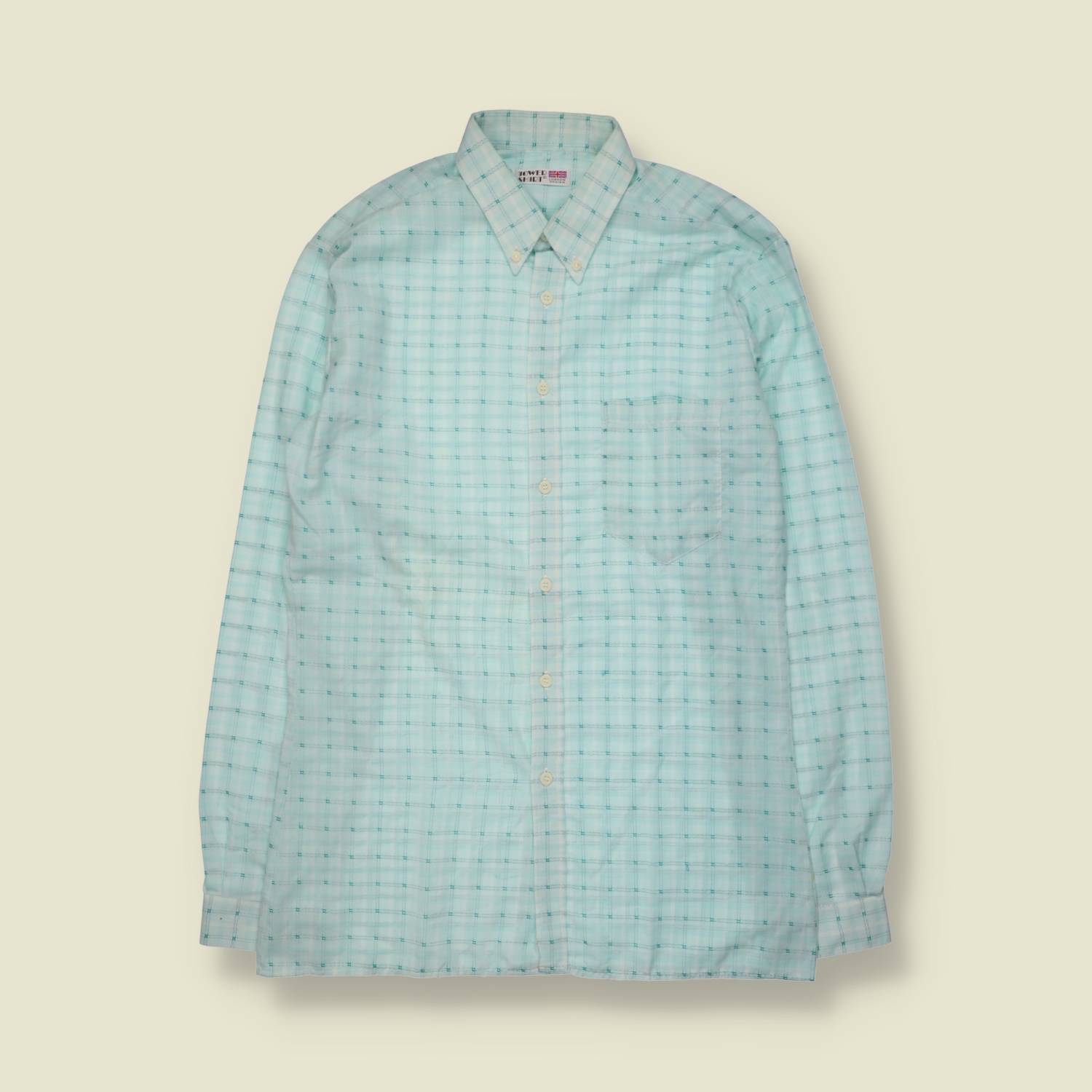 1970s | Tower Shirt | Cotton Blend Windowpane Check Long Sleeve Shirt | Mint - M