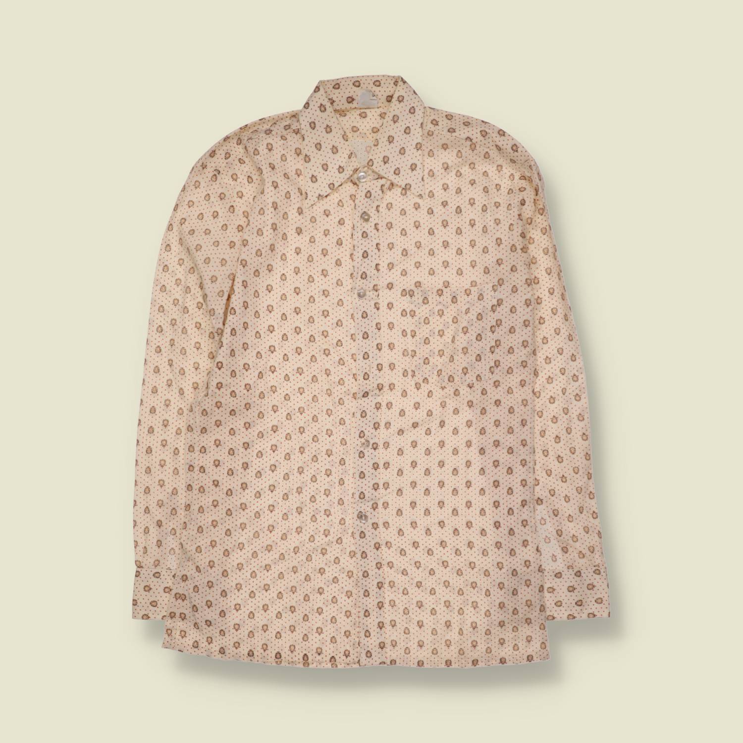 1970s | Cotton Poly Blend Mini Paisley Print Long Sleeve Shirt | Cream - XS