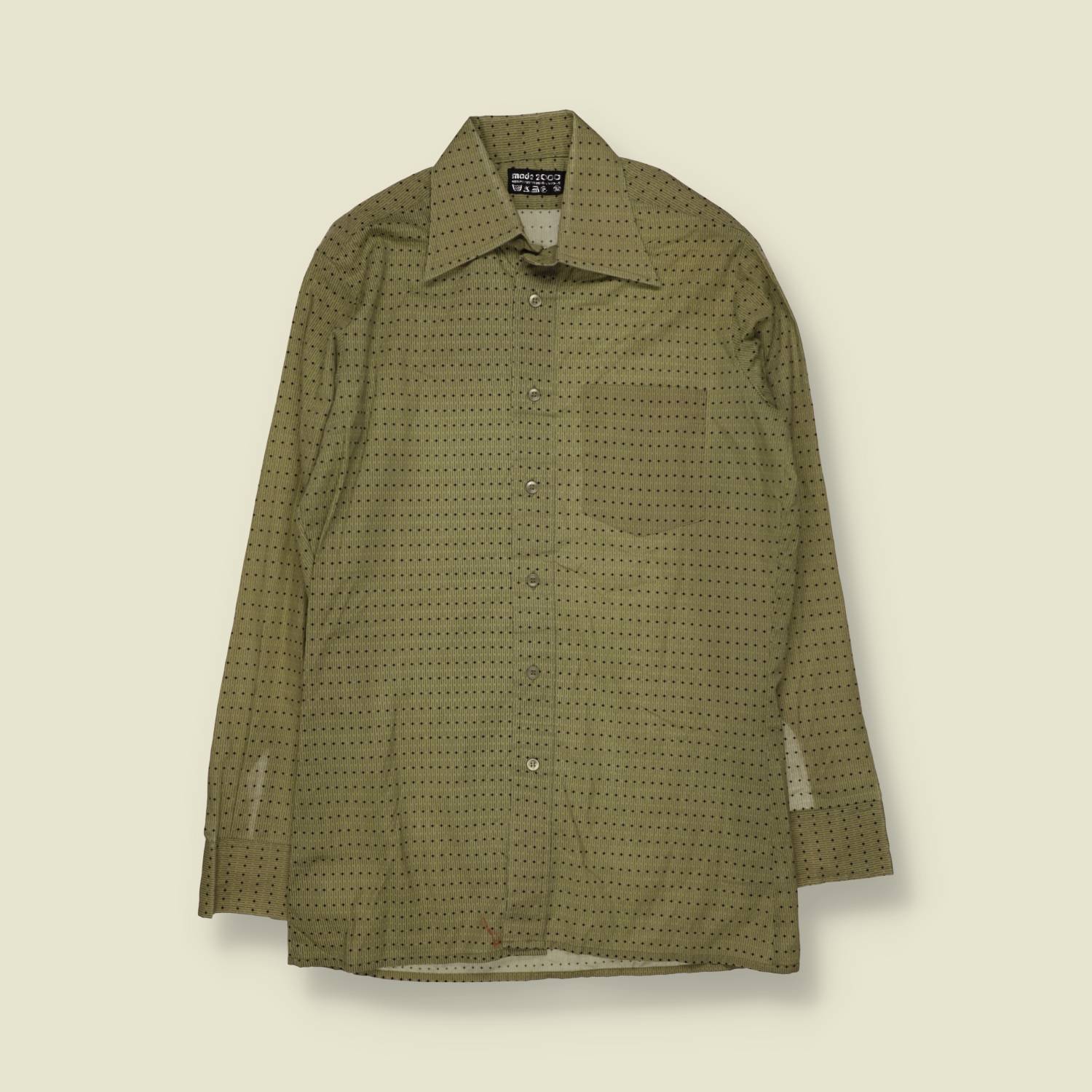 1970s | Mode 2000 | Poly Cotton Polka Dot Long Sleeve Shirt | Olive - M
