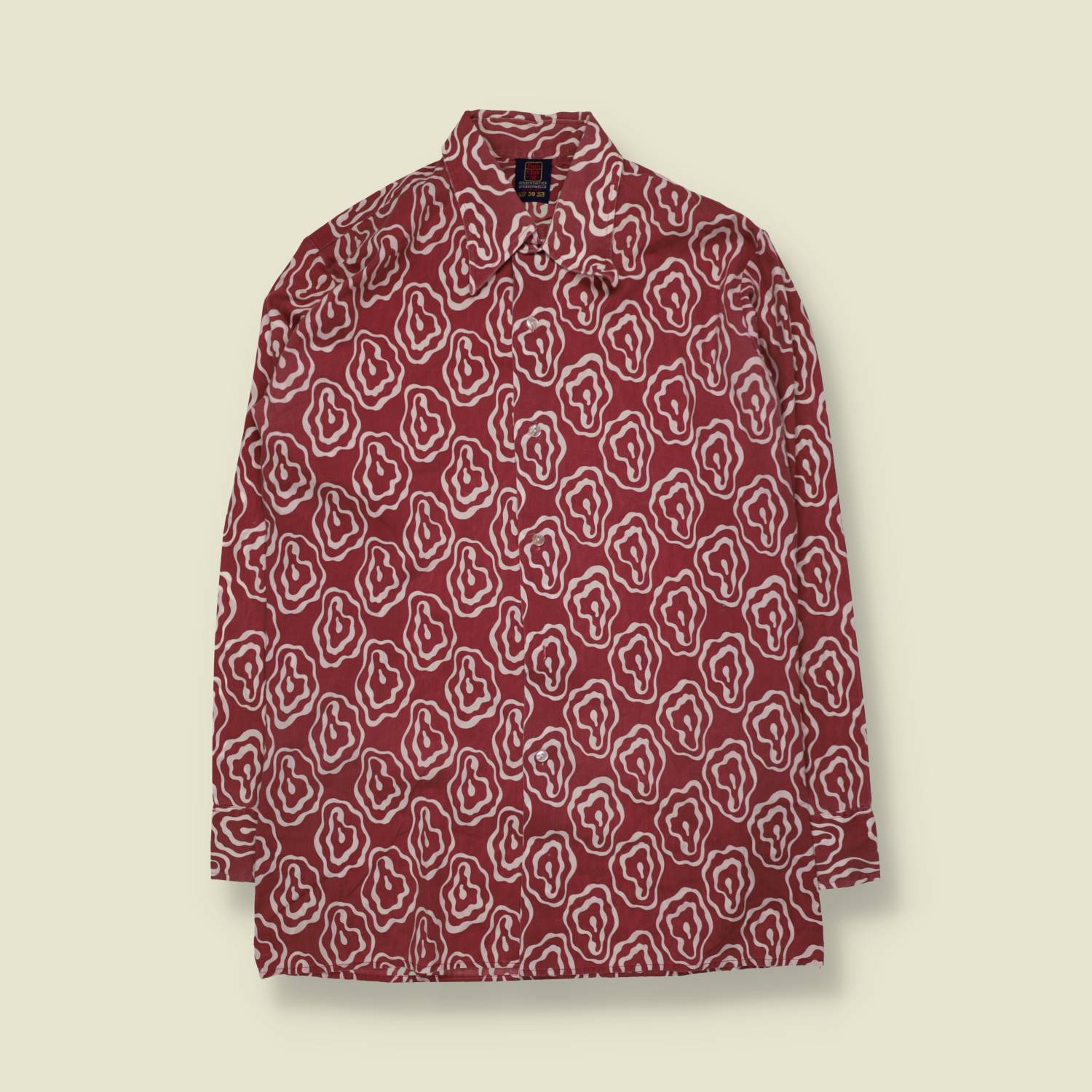 1970s | Poly Cotton Abstract Outline Print Long Sleeve Shirt | Burgundy & White - M