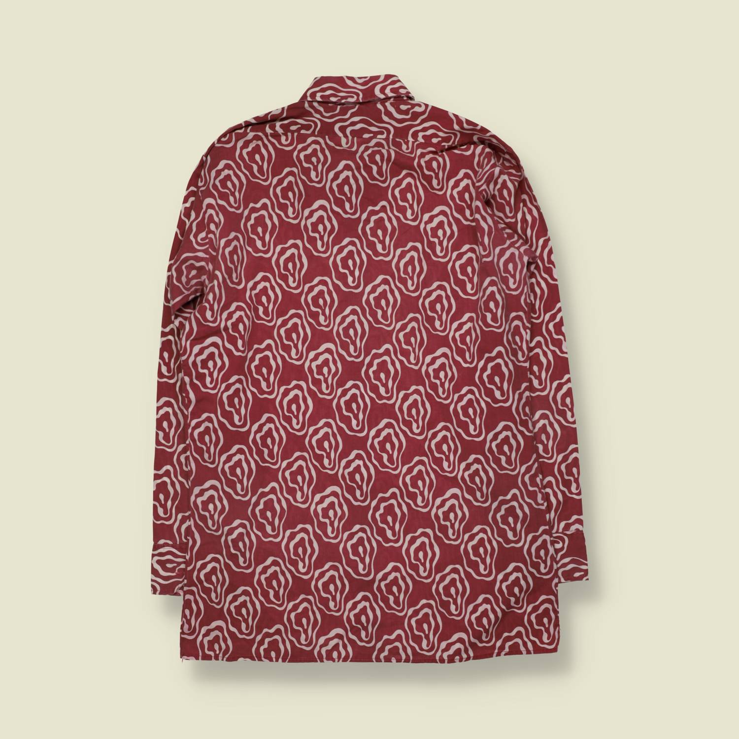 1970s | Poly Cotton Abstract Outline Print Long Sleeve Shirt | Burgundy & White - M