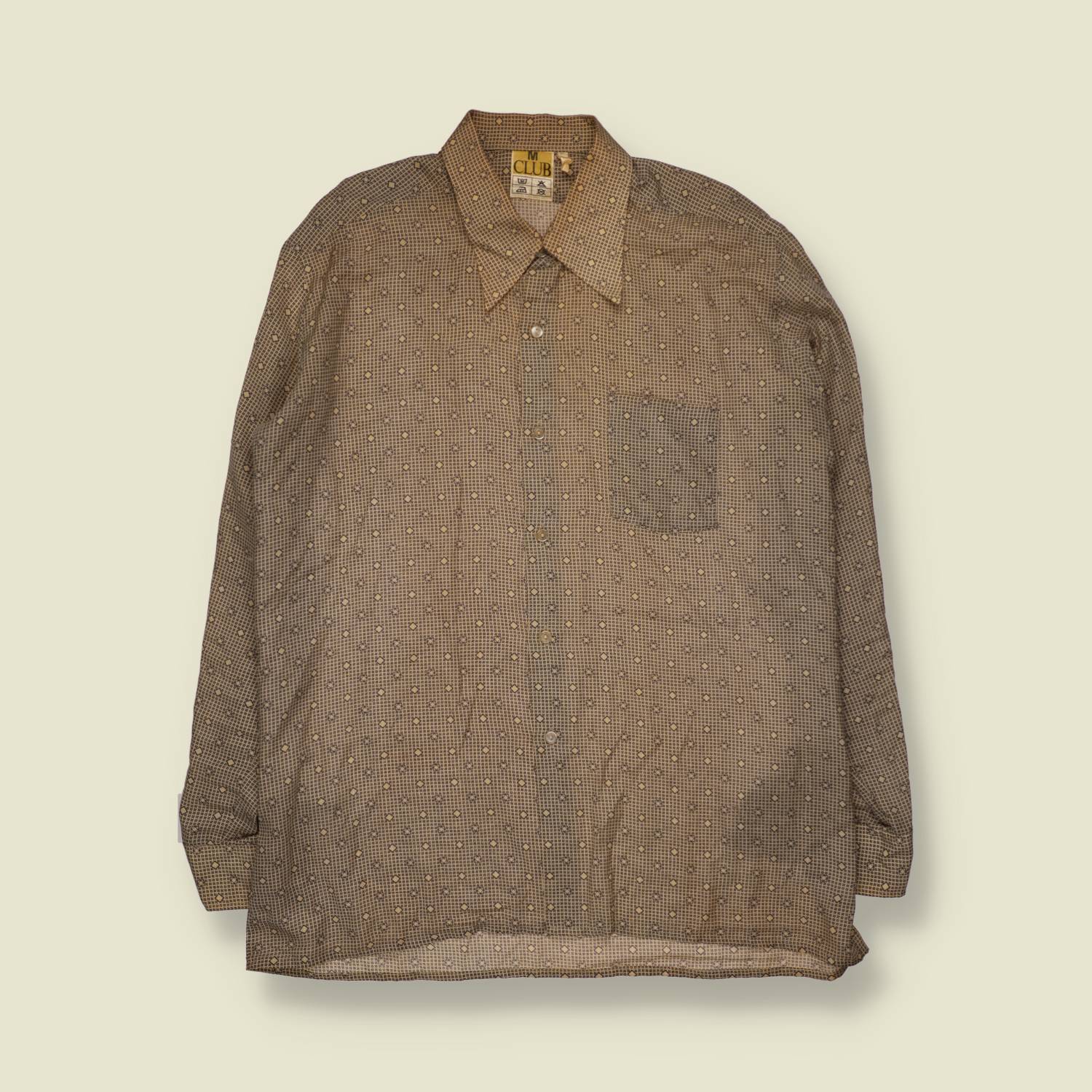 1970s | M Club | Poly Cotton Diamond Print Long Sleeve Shirt | Tan - 3XL