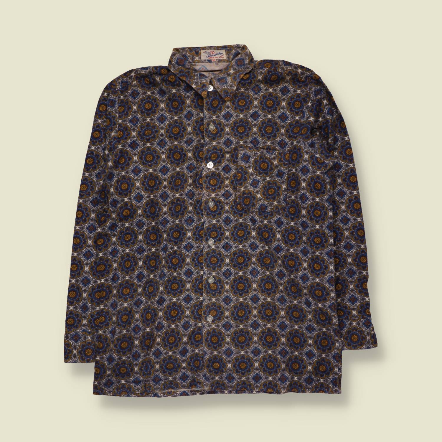 1970s | Friendship | Cotton Blend Flannel Medallion Print Shirt | Blue & Gold - S