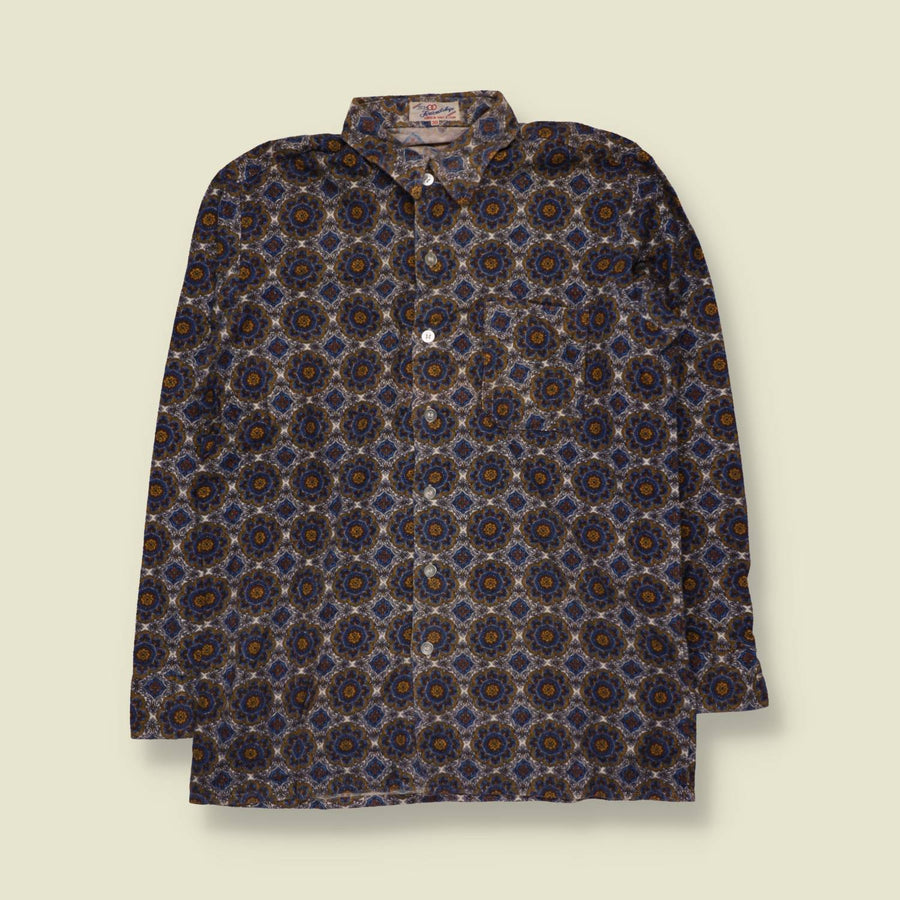 1970s | Friendship | Cotton Blend Flannel Medallion Print Shirt | Blue & Gold - S