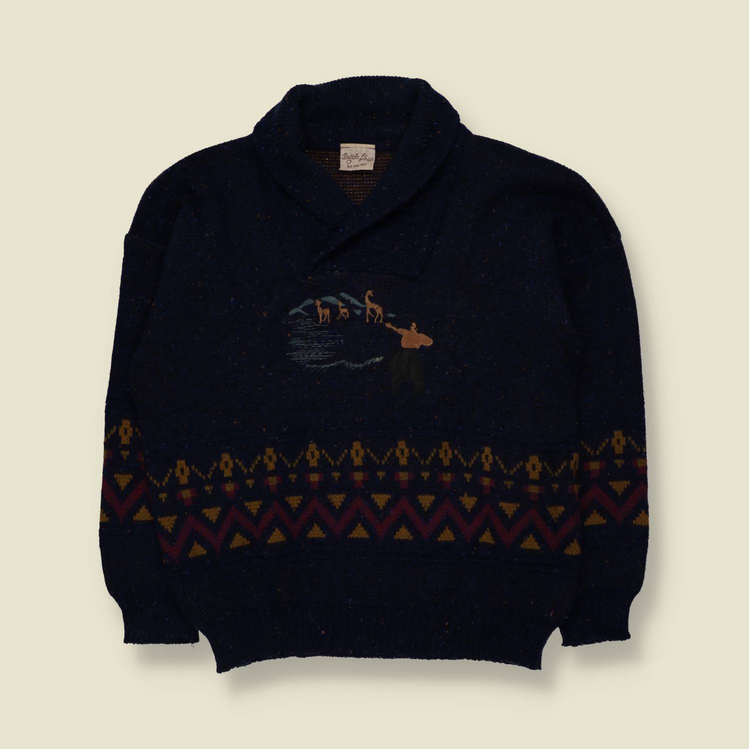 1980s | Angelo Litrico | Novelty Embroidered Shawl Collar Jumper | Navy - L