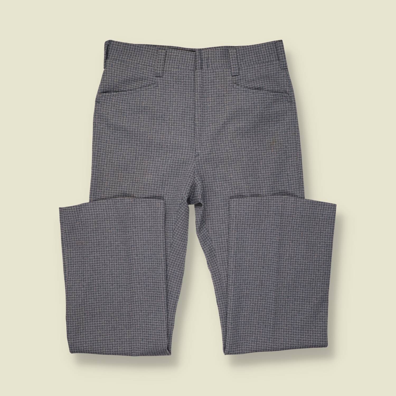 1970s | Polyester Blend Micro Check Trousers | Grey - w32